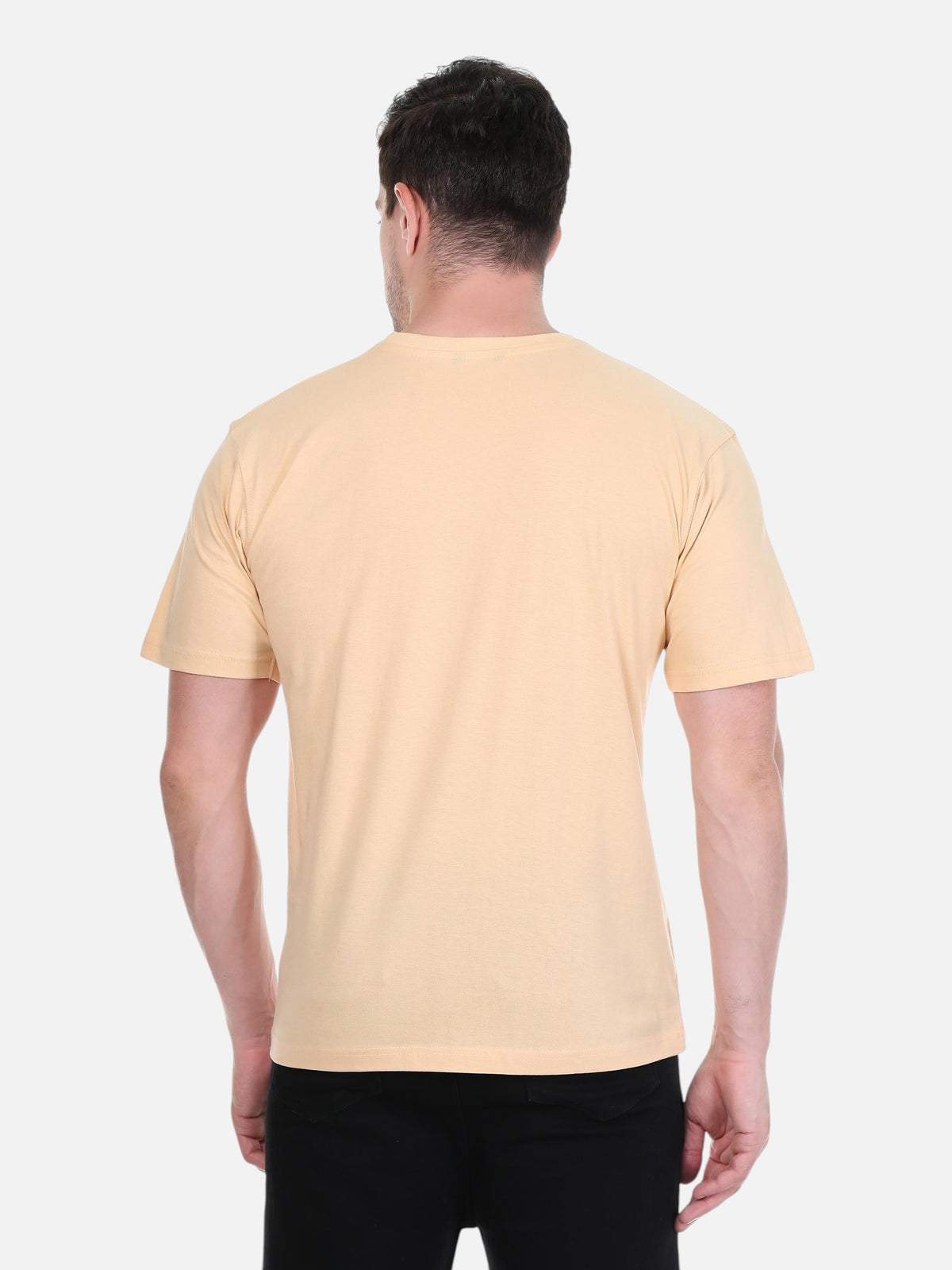 Back view of a man wearing an enaay.com camel-colored premium cotton round neck t-shirt with a plain back.