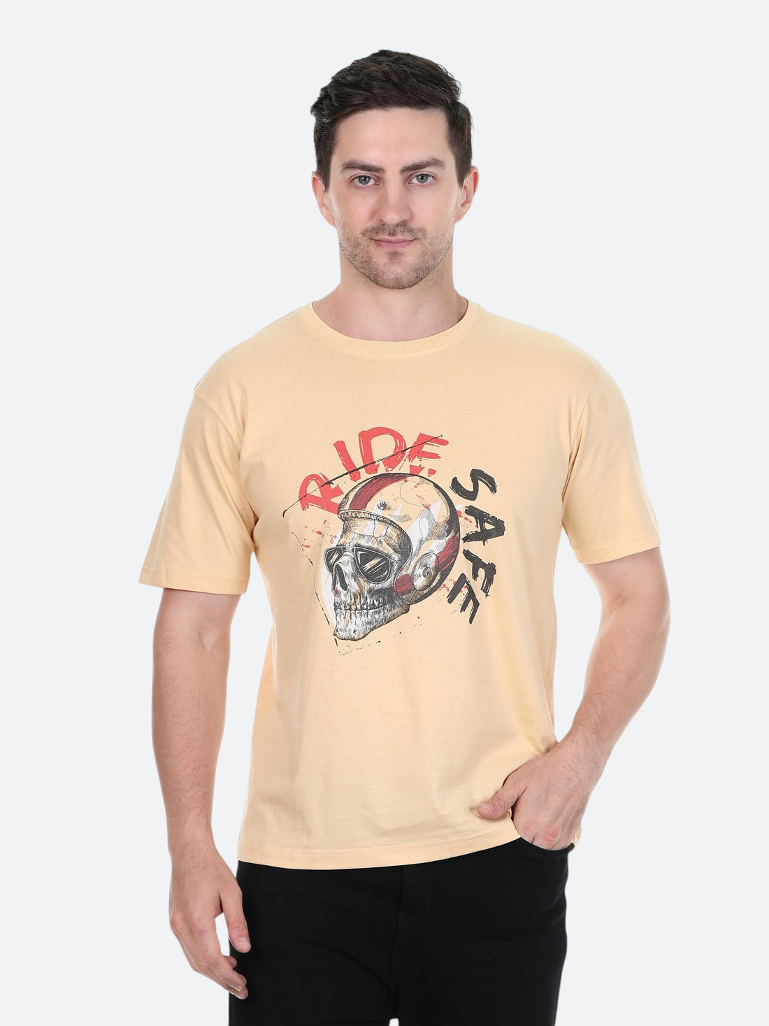 Model wearing an enaay.com camel crew neck t-shirt with a Ride Safe skull biker helmet graphic print.