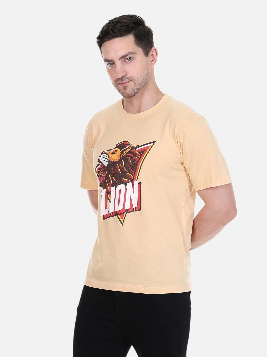 Model wearing an enaay.com light beige premium cotton t-shirt with a roaring lion graphic print and triangular frame.