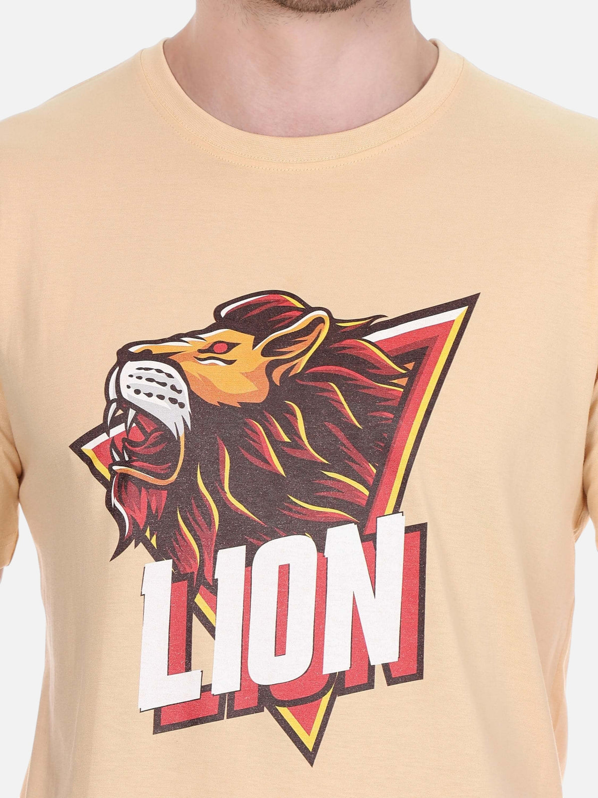 enaay.com men's camel premium cotton t-shirt featuring a roaring lion graphic print in a triangular frame
