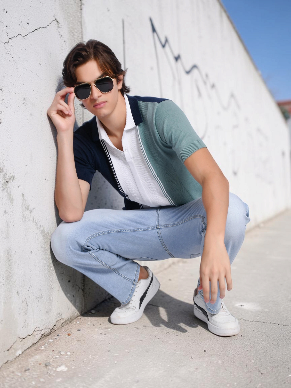 enaay.com men's navy, white, and sage green colorblock knit polo shirt with pinstripes worn by a model in sunglasses