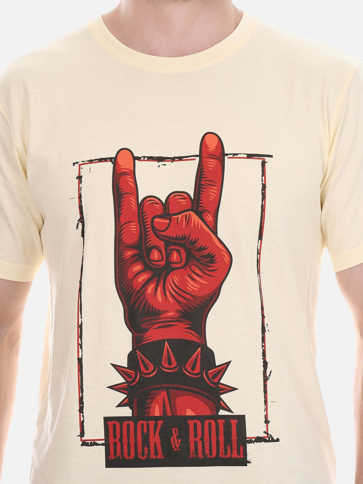 enaay.com men's cream premium cotton t-shirt featuring a red rock and roll hand gesture graphic print