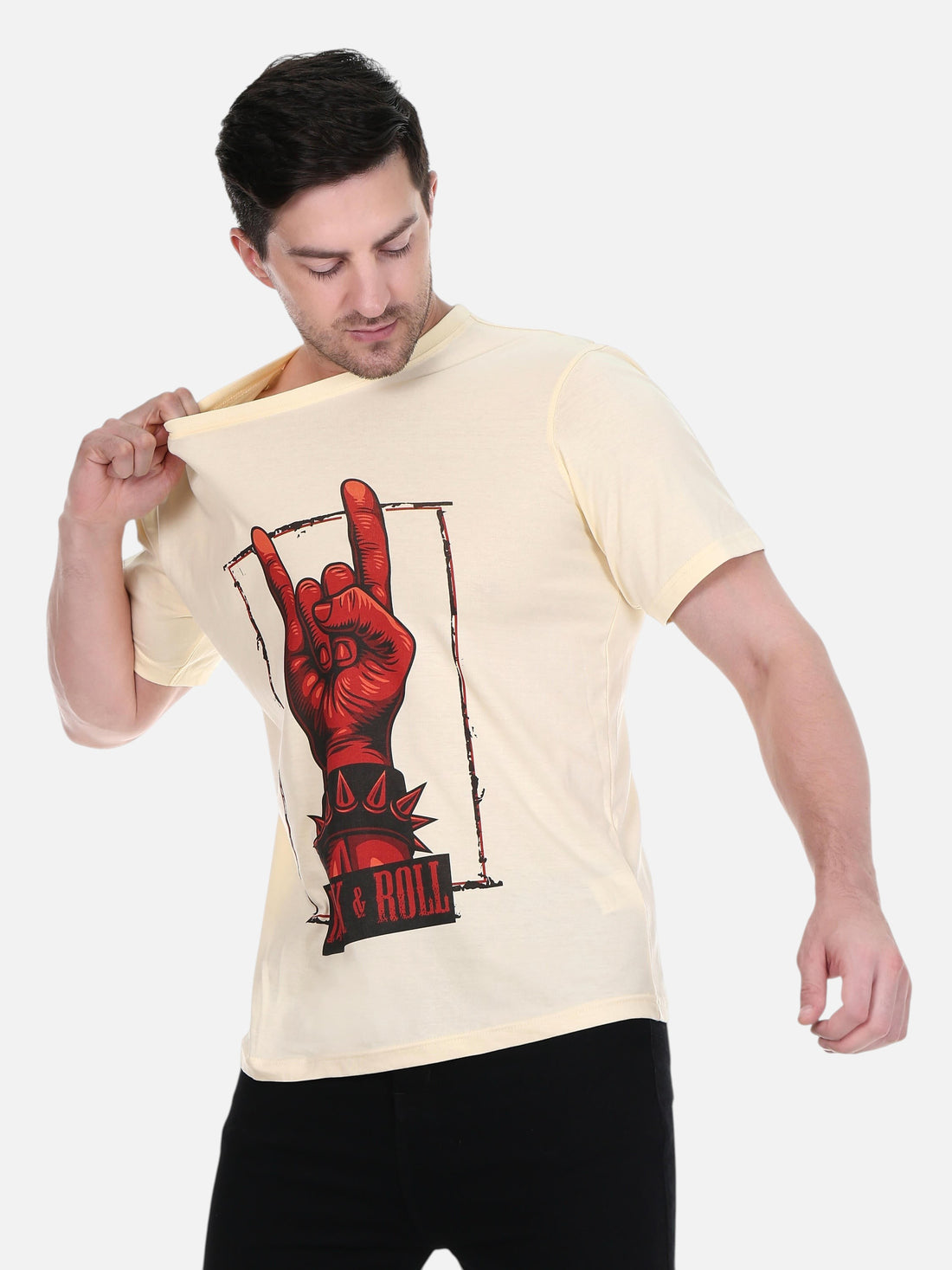 Model wearing an enaay.com cream cotton t-shirt with a red rock and roll hand gesture graphic print