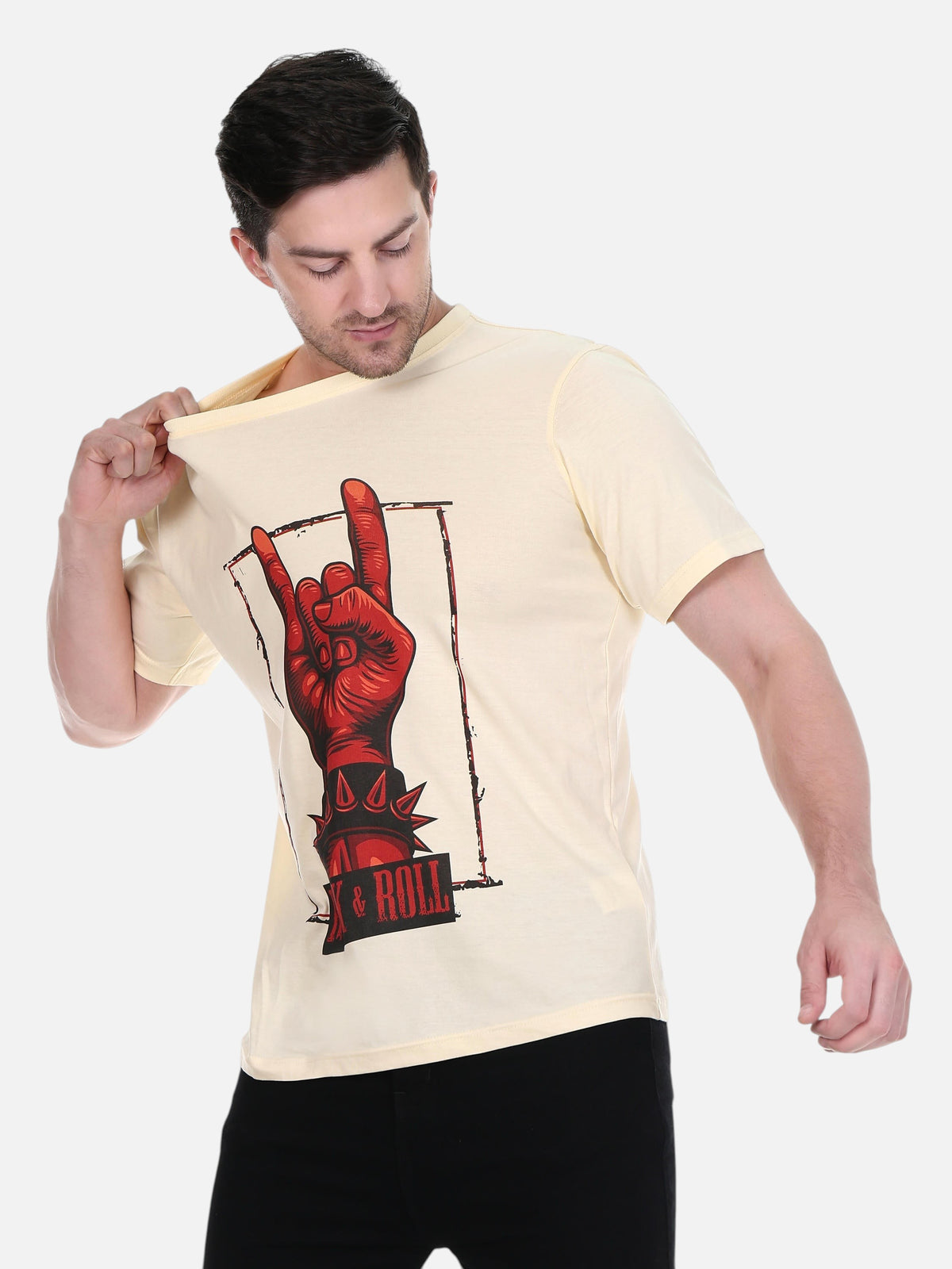 enaay.com men's cream premium cotton t-shirt featuring a red rock and roll hand graphic print on the chest