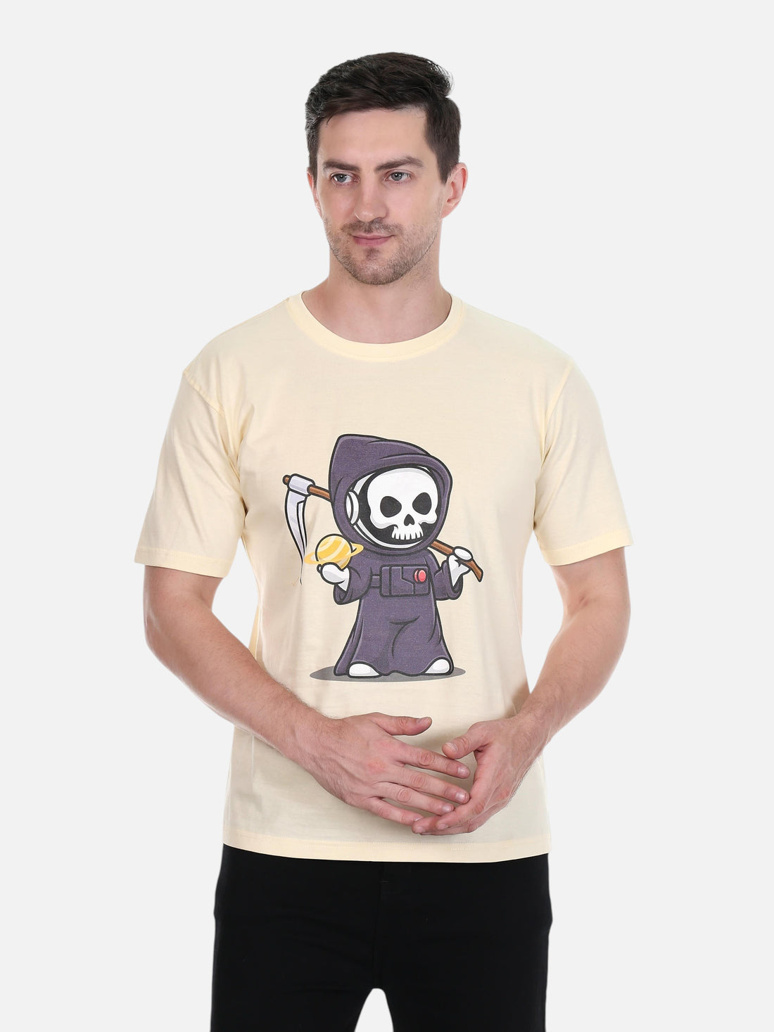 A man wearing an enaay.com cream round neck cotton t-shirt with a cartoon grim reaper graphic print.