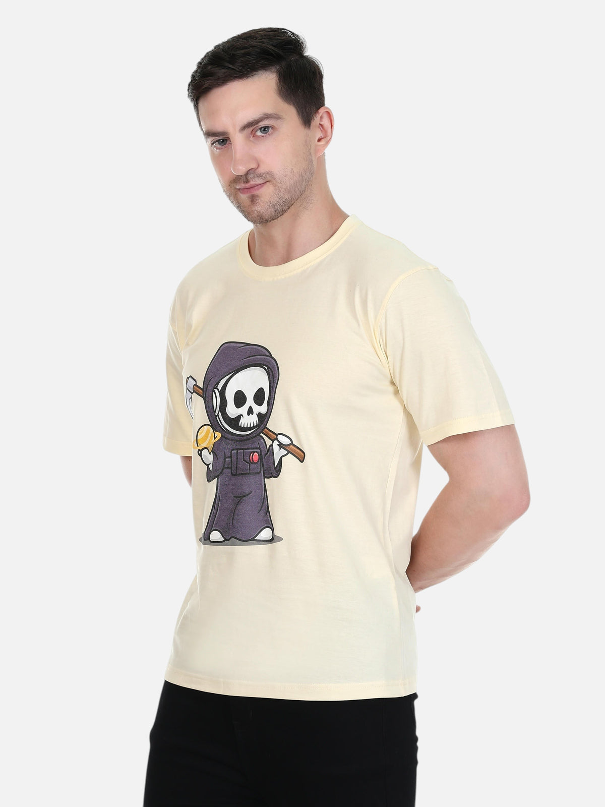 A man wearing an enaay.com cream cotton round neck t-shirt featuring a cartoon grim reaper graphic print.