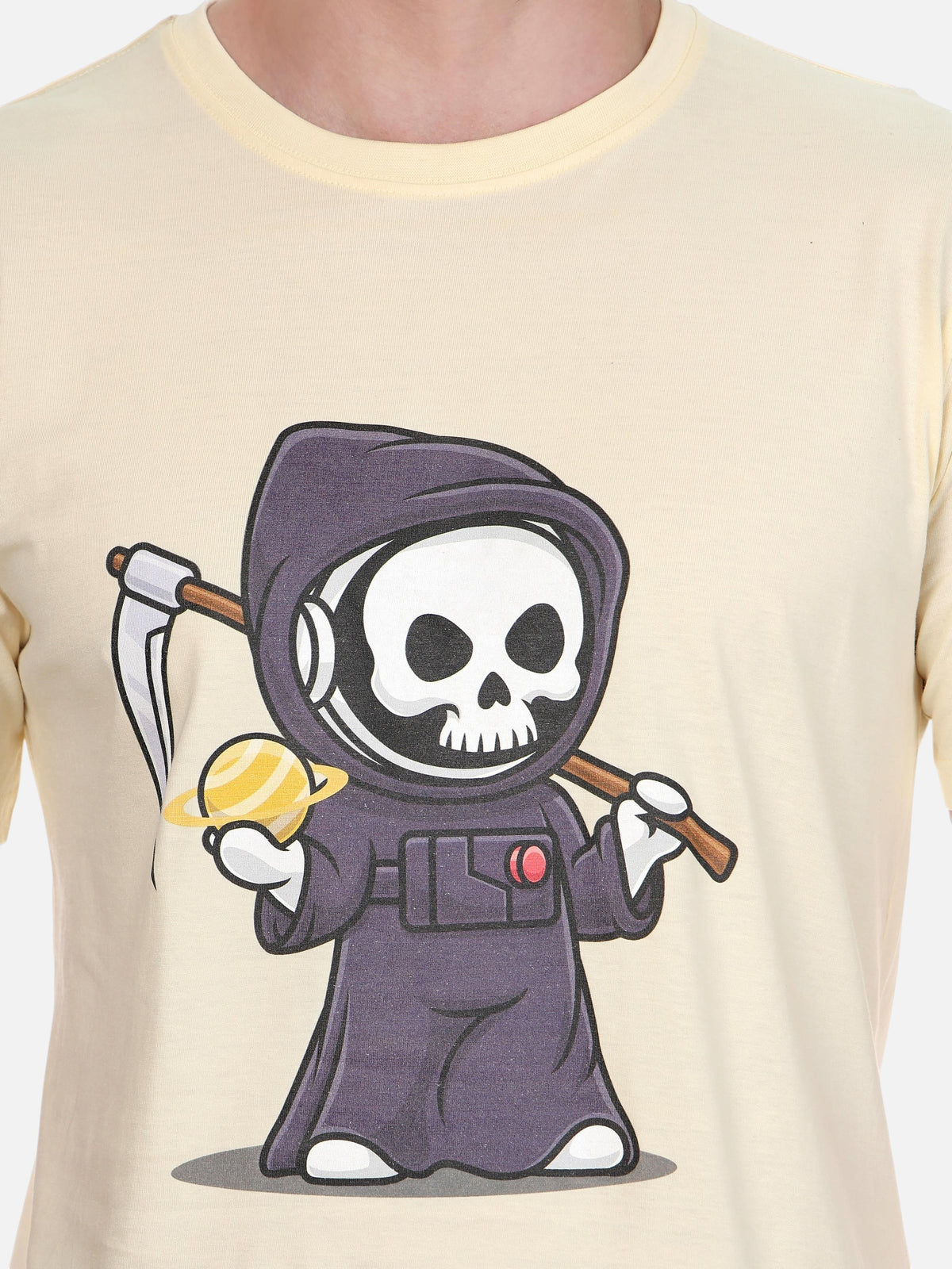 enaay.com cream round neck t-shirt featuring a cartoon grim reaper graphic holding a planet and scythe