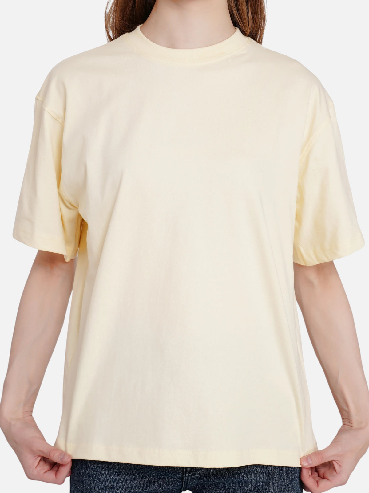 enaay.com women's light cream loose fit cotton t-shirt with short sleeves and a crew neck