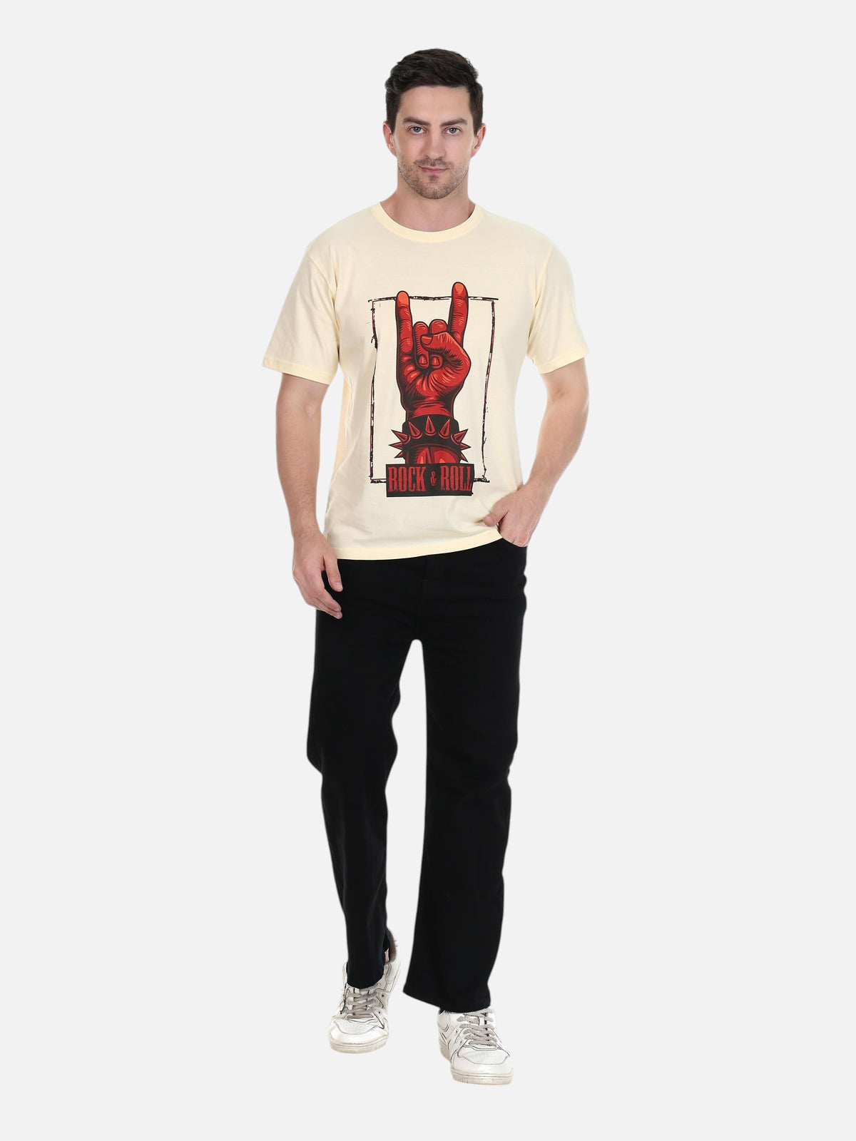 Model wearing an enaay.com cream cotton t-shirt with a red rock and roll hand graphic print and black trousers