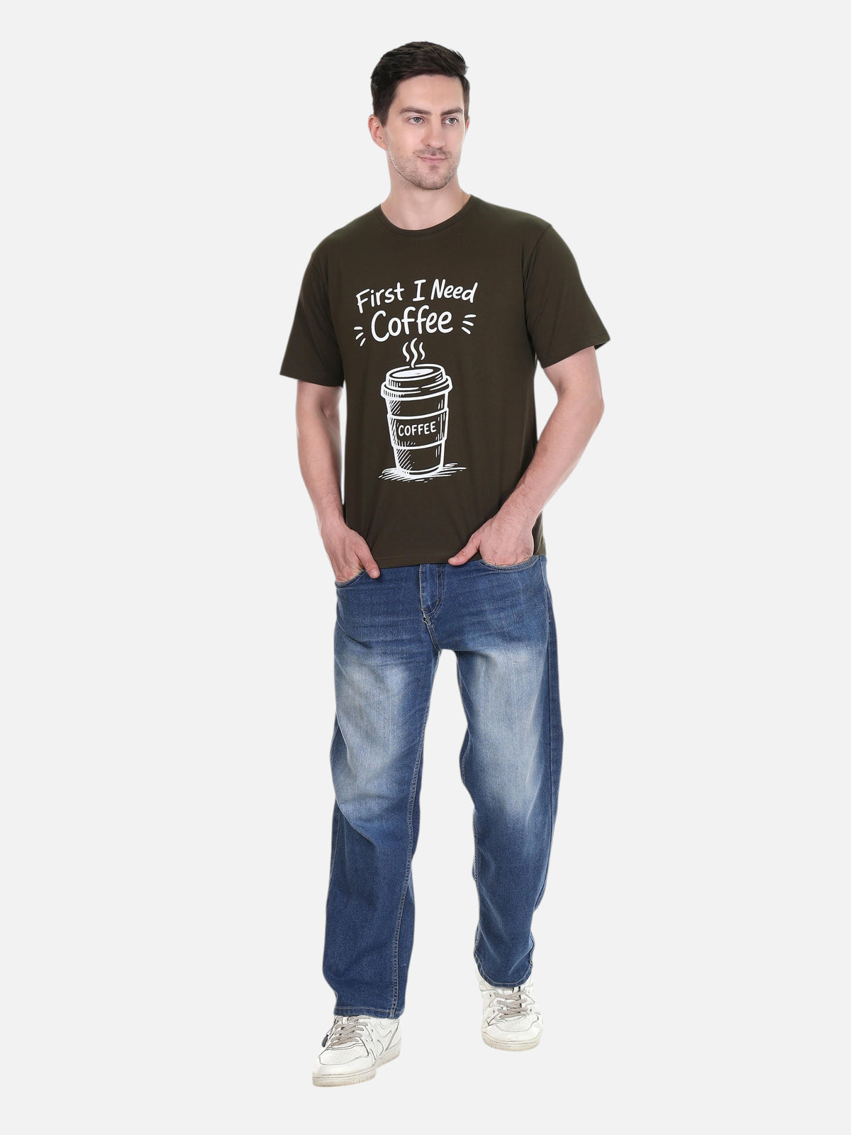 enaay.com dark green cotton t-shirt with First I Need Coffee graphic print worn by a man with blue jeans