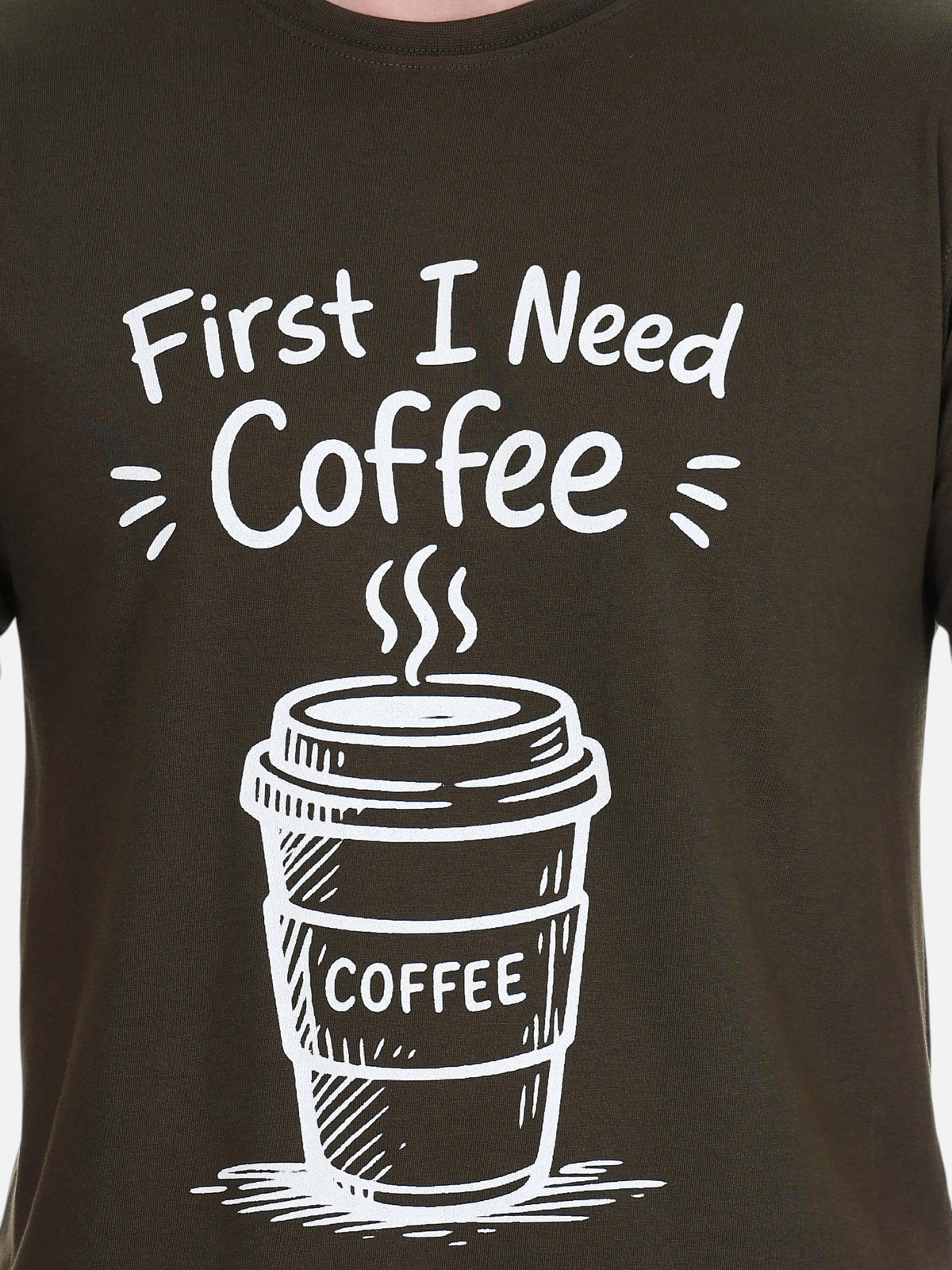 enaay.com dark green cotton t-shirt with white First I Need Coffee graphic print and coffee cup illustration