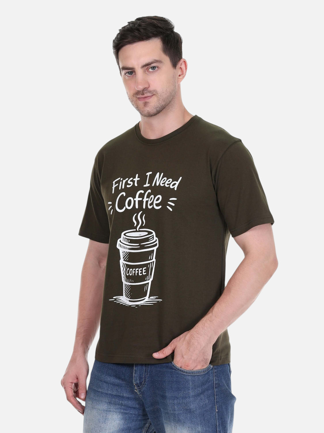enaay.com dark green cotton t-shirt with white First I Need Coffee graphic print worn by a man