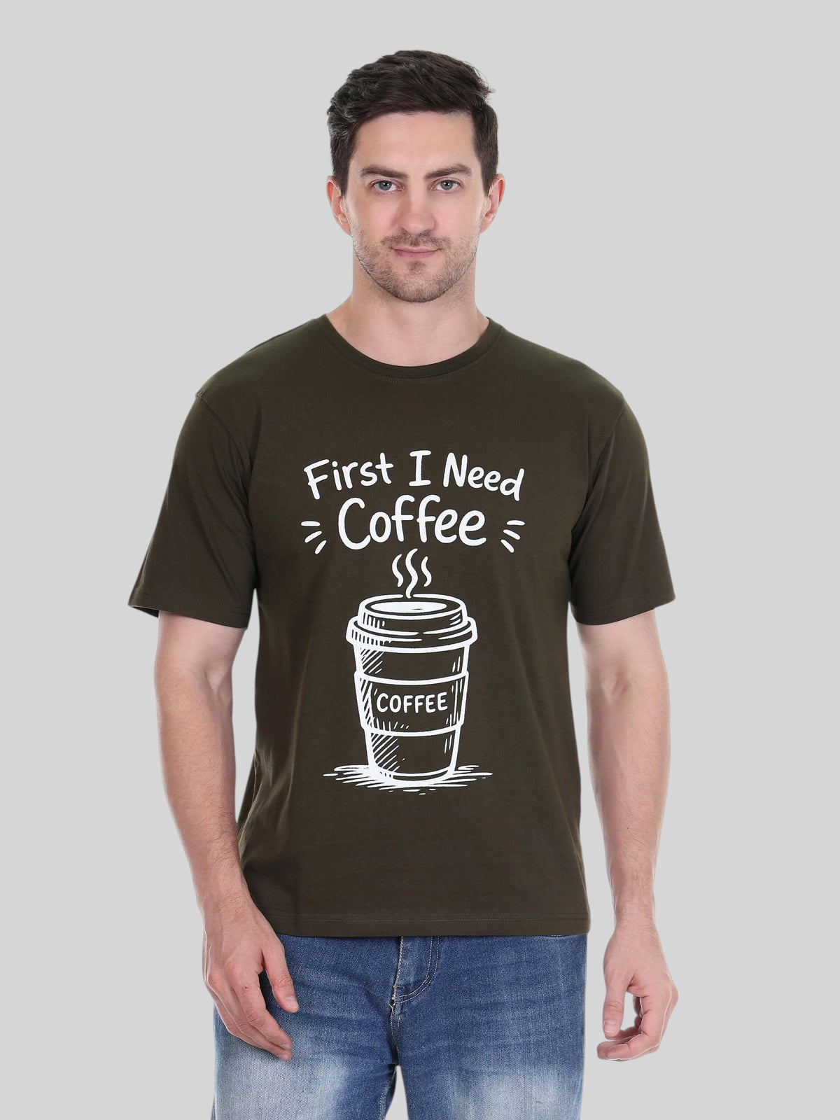 enaay.com dark green cotton t-shirt with white First I Need Coffee graphic print worn by a man