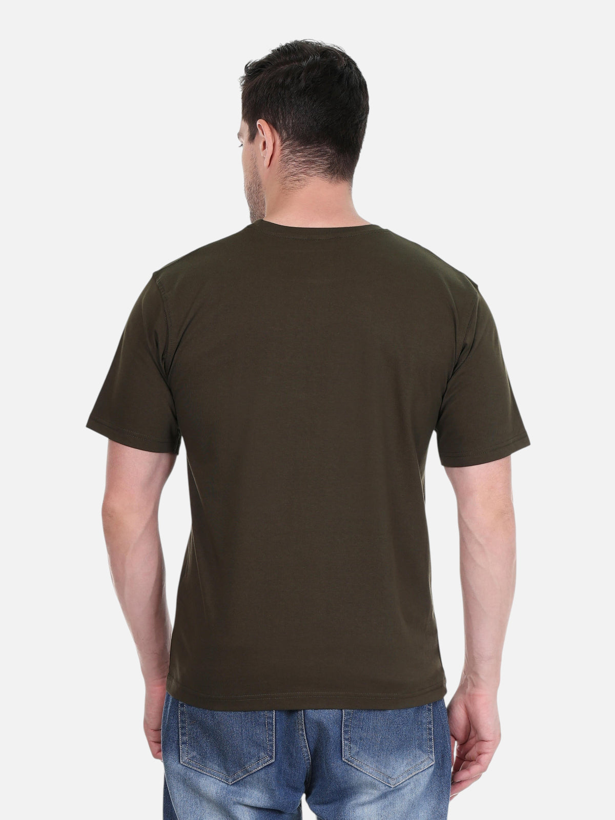 enaay.com men's dark green premium cotton round neck t-shirt, back view, worn with blue jeans
