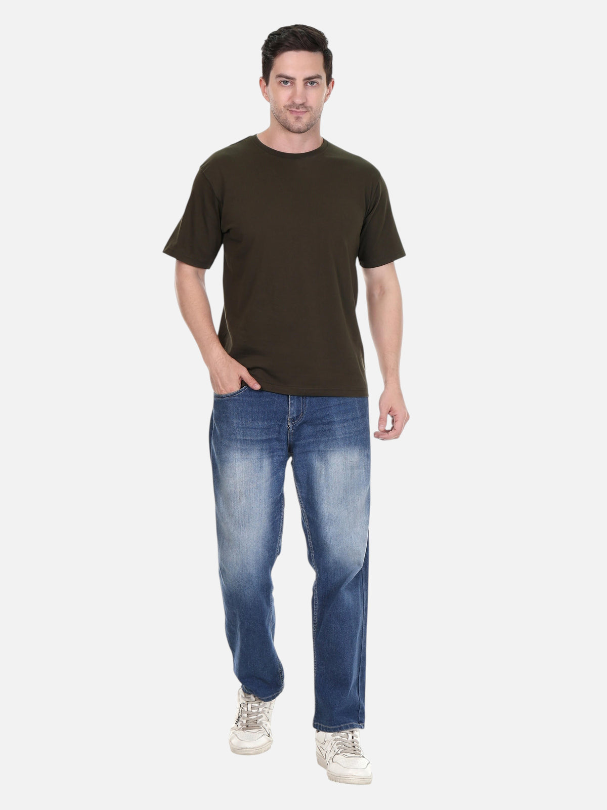 Model wearing an enaay.com dark green premium cotton round neck t-shirt with blue jeans and white sneakers