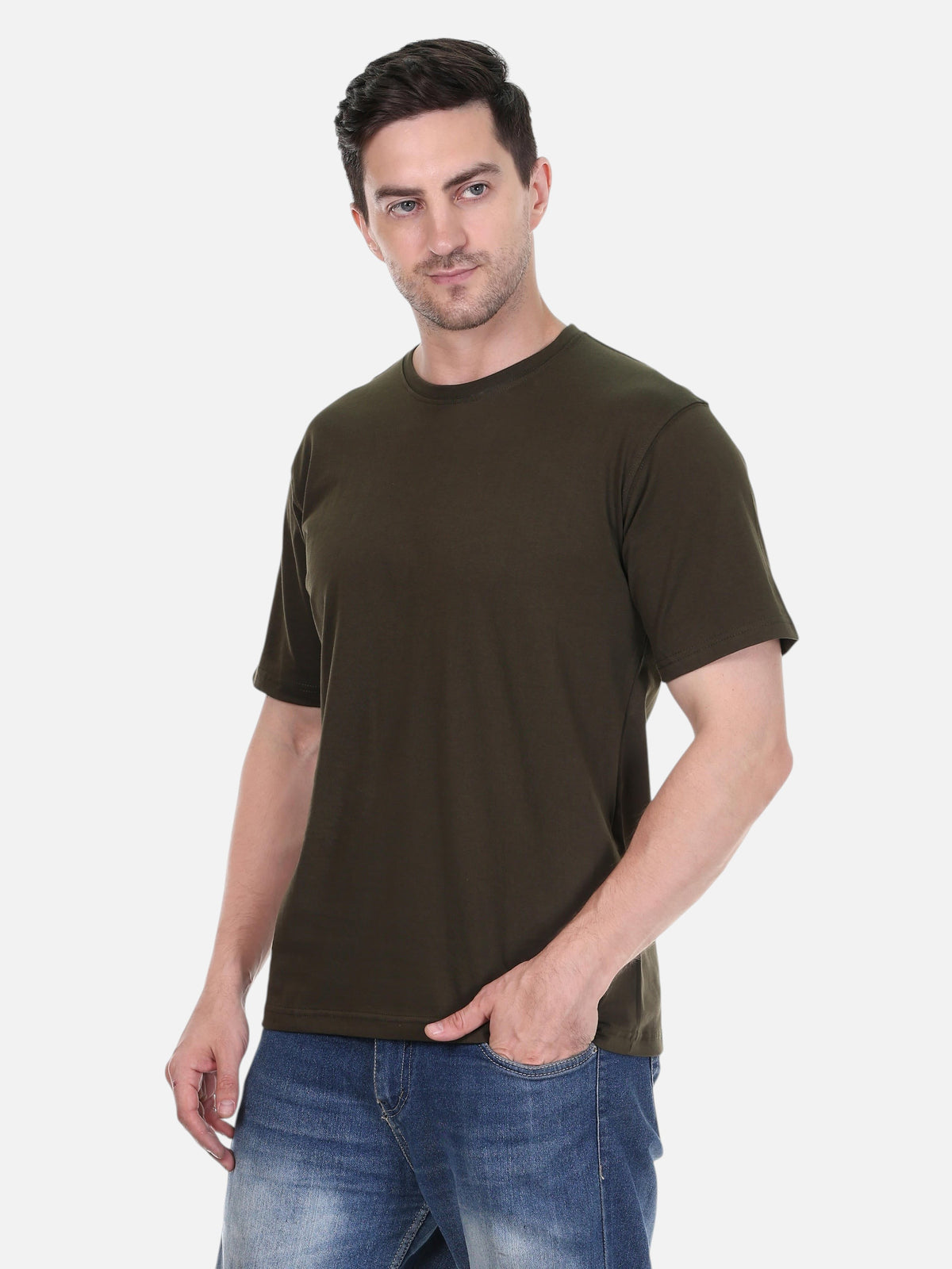 A man wearing an enaay.com dark green premium cotton round neck t-shirt with short sleeves and a relaxed fit.