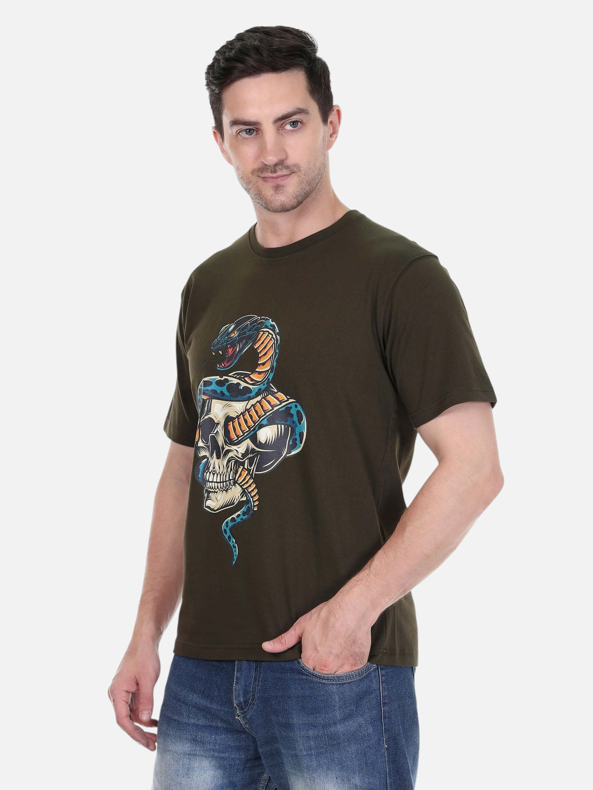 enaay.com men's dark green cotton t-shirt featuring a multicolour cobra snake and skull graphic print