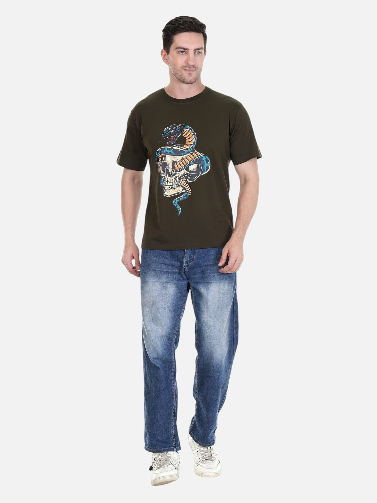 enaay.com dark green cotton t-shirt with a multicolour cobra snake and skull graphic print worn by a male model