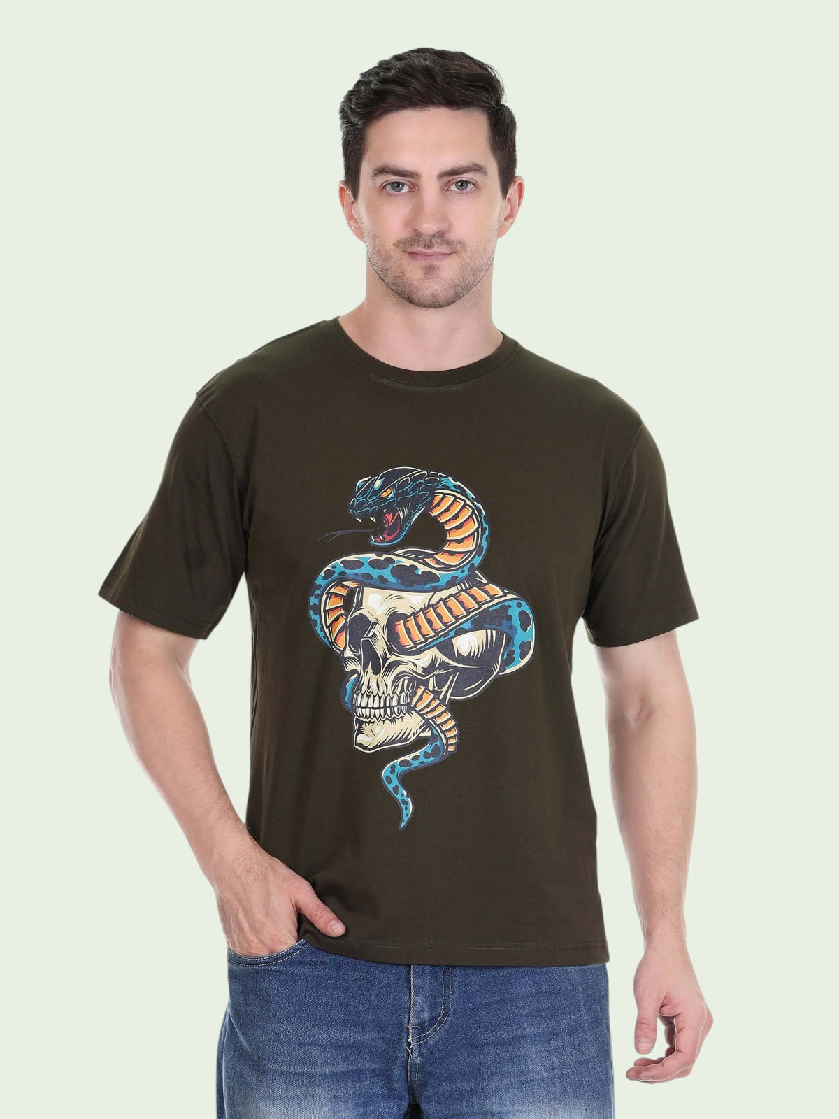 enaay.com dark green cotton t-shirt for men featuring a multicolour cobra snake and skull graphic print