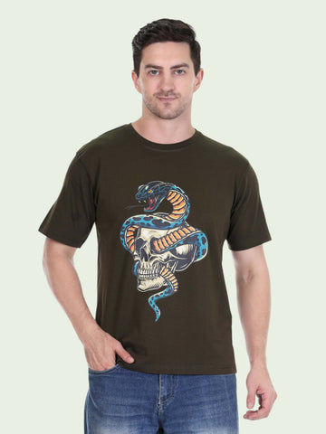 enaay.com dark green cotton t-shirt for men featuring a multicolour cobra snake and skull graphic print