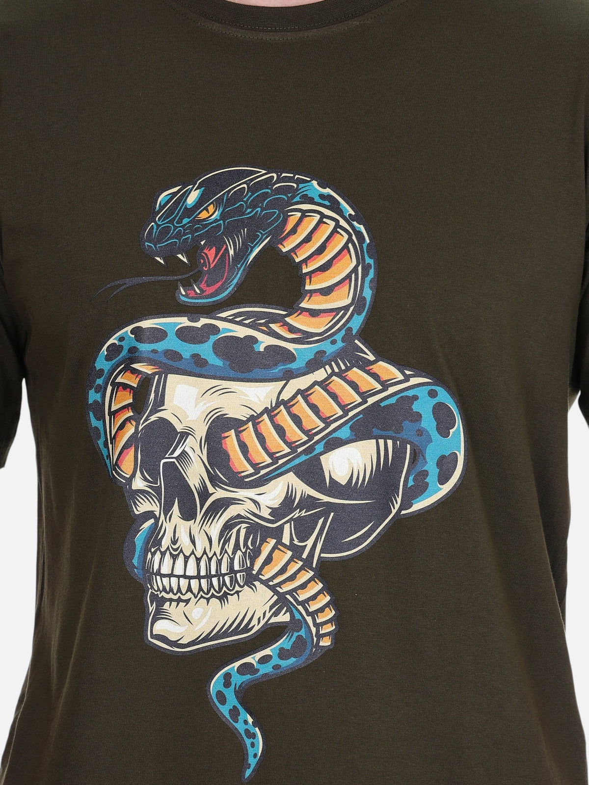 enaay.com dark green cotton t-shirt featuring a multicolour graphic print of a cobra snake coiled around a skull
