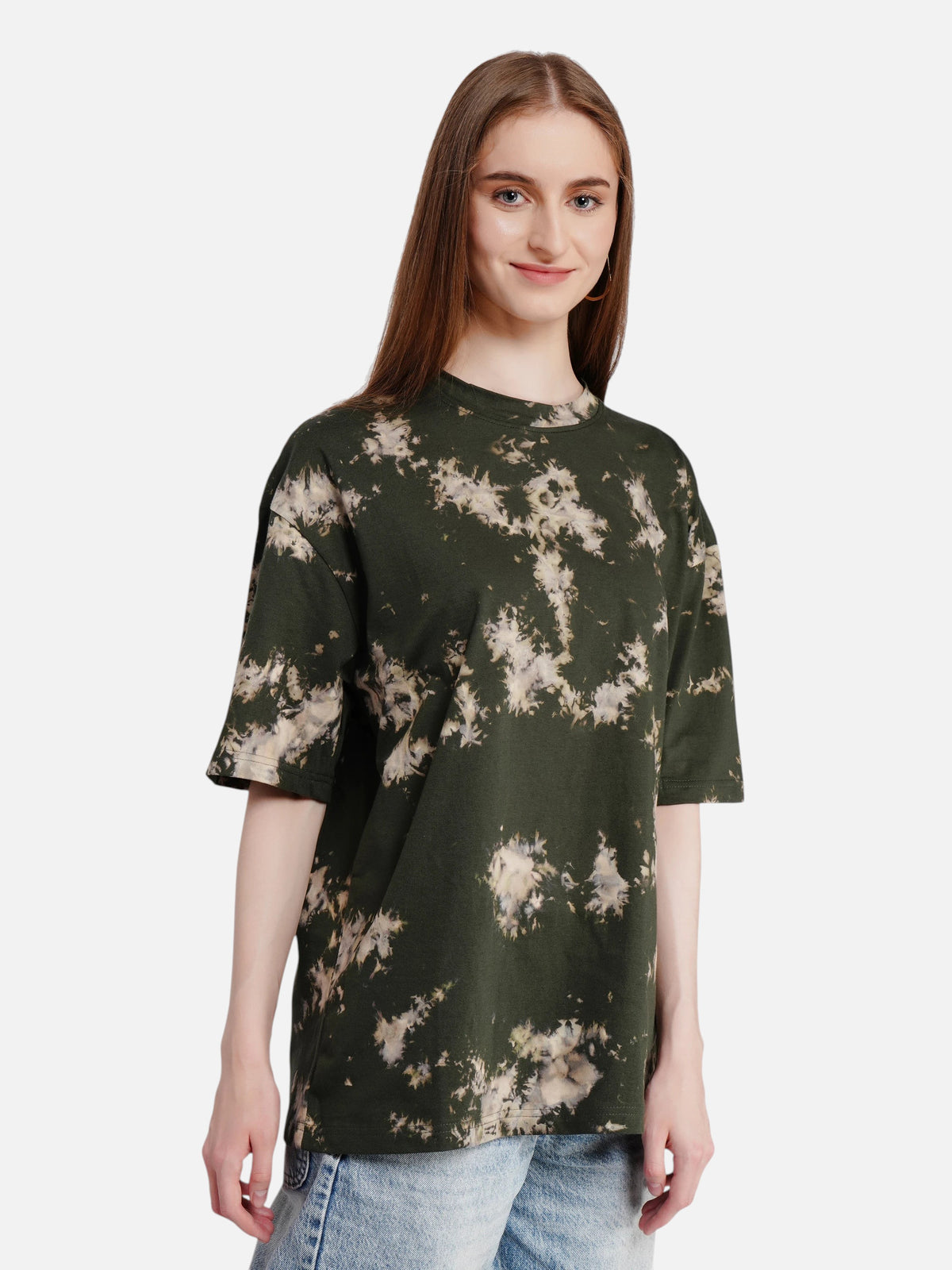 Model wearing an enaay.com dark green oversized cotton t-shirt with a unique bleached tie-dye pattern