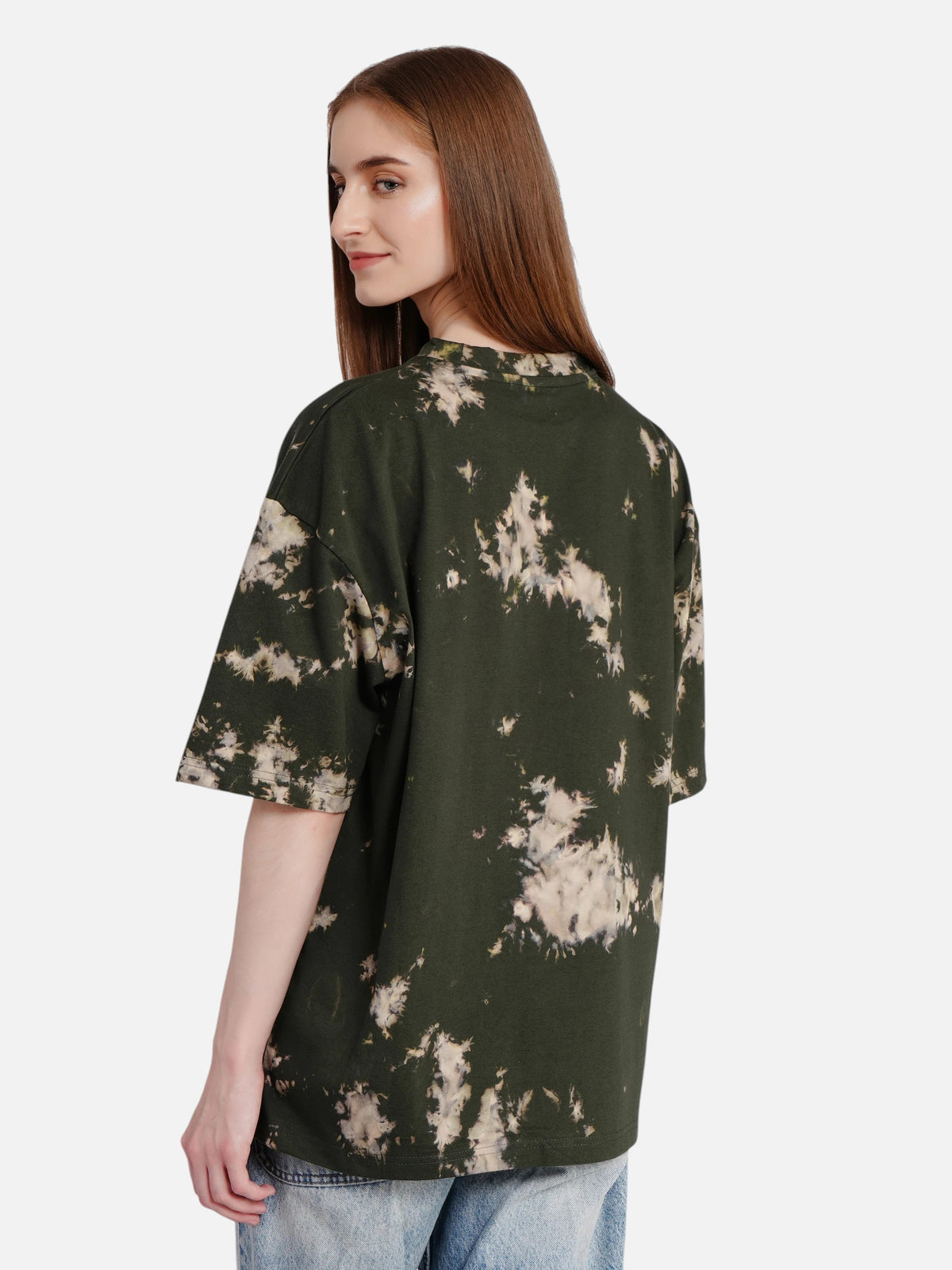 enaay.com women's dark green oversized cotton t-shirt with a unique bleached tie-dye pattern, back view