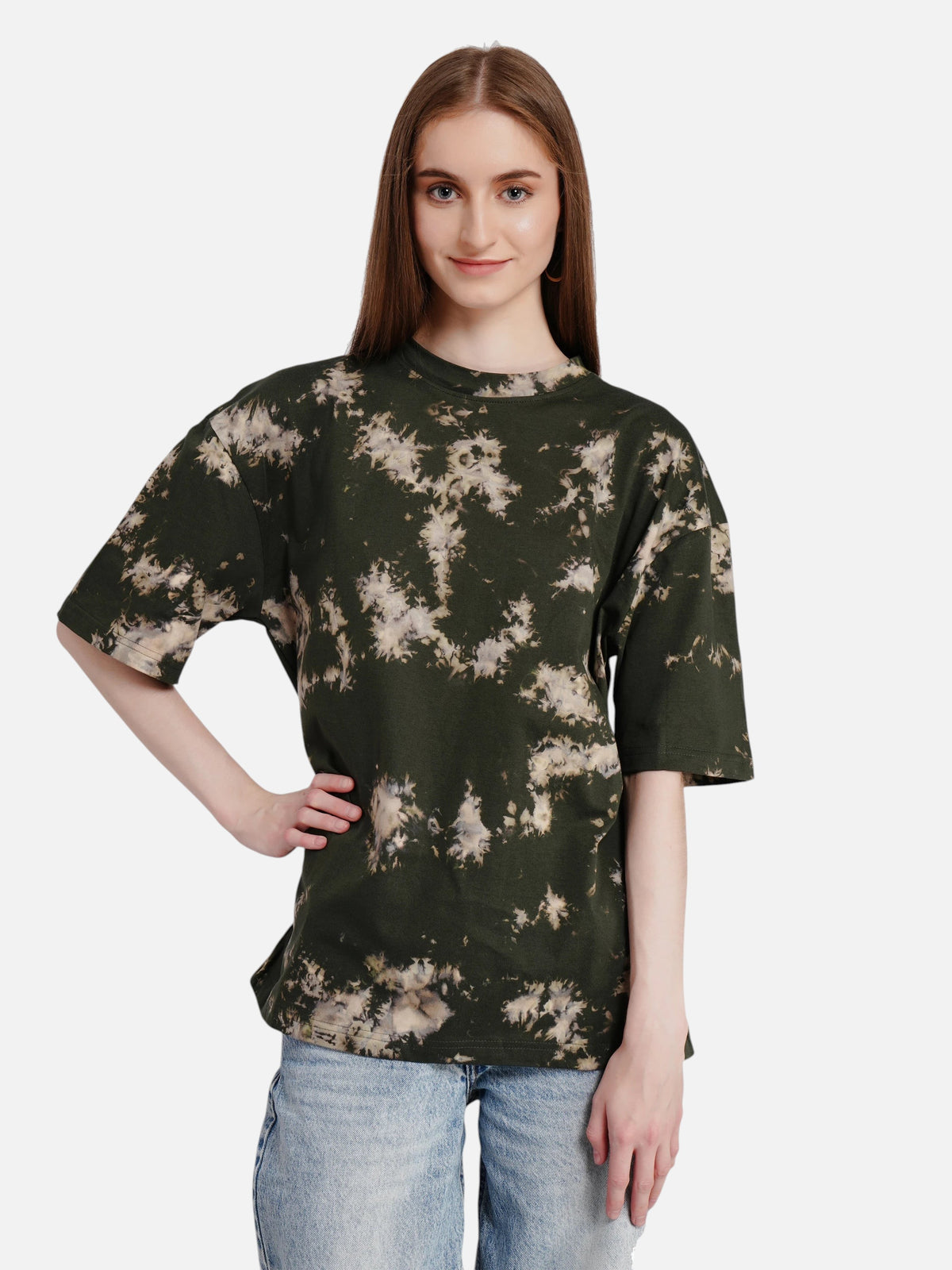 Model wearing an enaay.com dark green oversized cotton t-shirt with a unique bleached tie-dye pattern and short sleeves