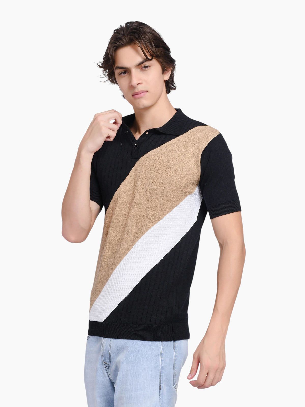 enaay.com men's black, beige, and white diagonal color-block knit polo shirt with a classic collar and short sleeves.