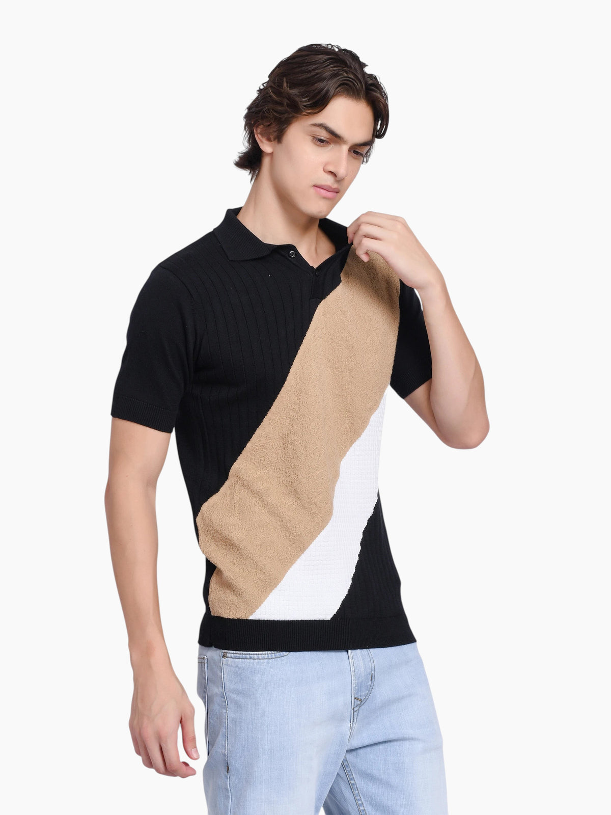enaay.com men's black, beige, and white diagonal color-block knit polo shirt with a classic collar and ribbed finish.