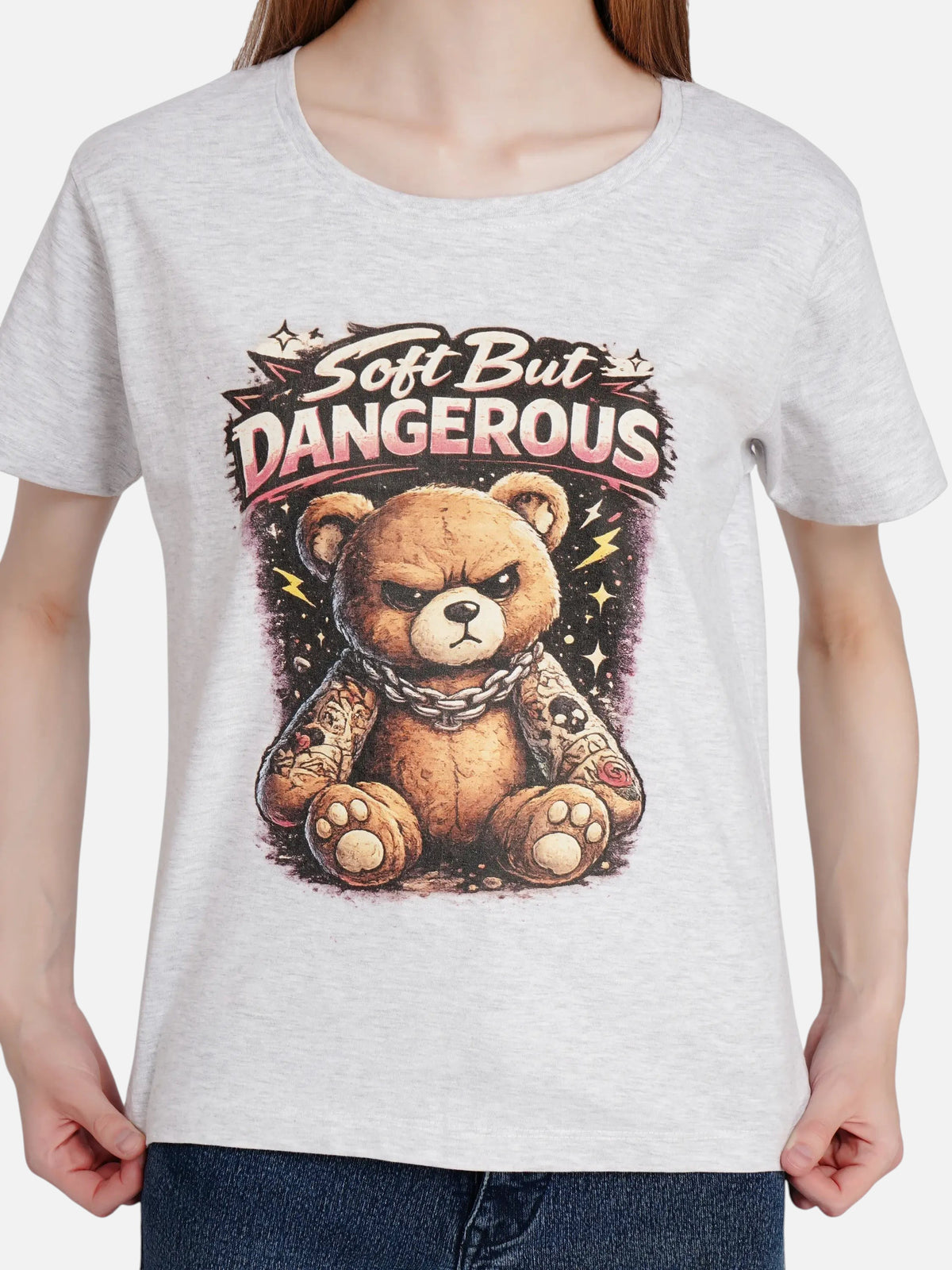 enaay.com grey melange cotton t-shirt featuring a grumpy tattooed teddy bear graphic with Soft But DANGEROUS text