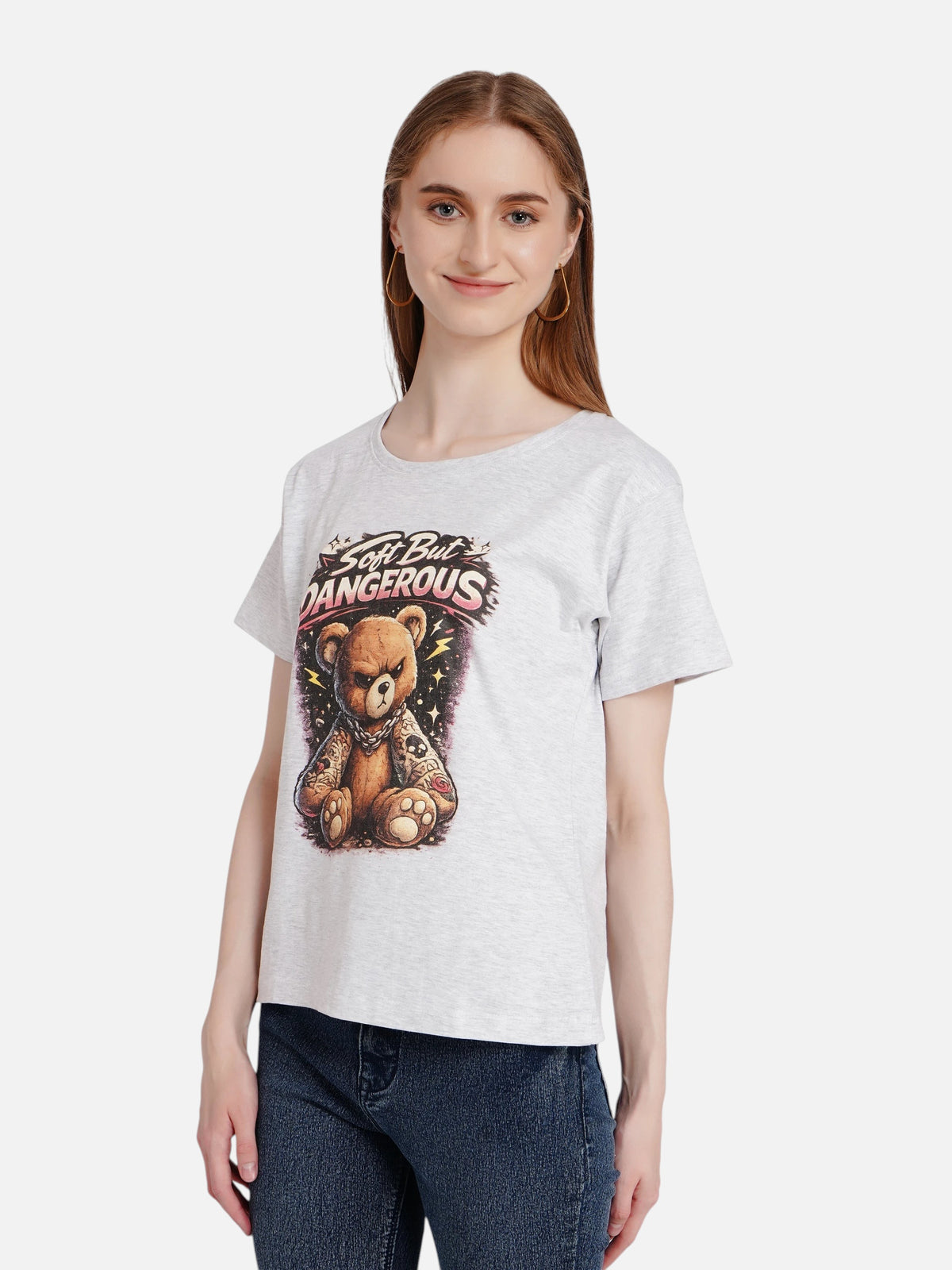 enaay.com women's grey melange cotton t-shirt featuring a grumpy tattooed teddy bear graphic and round neck design