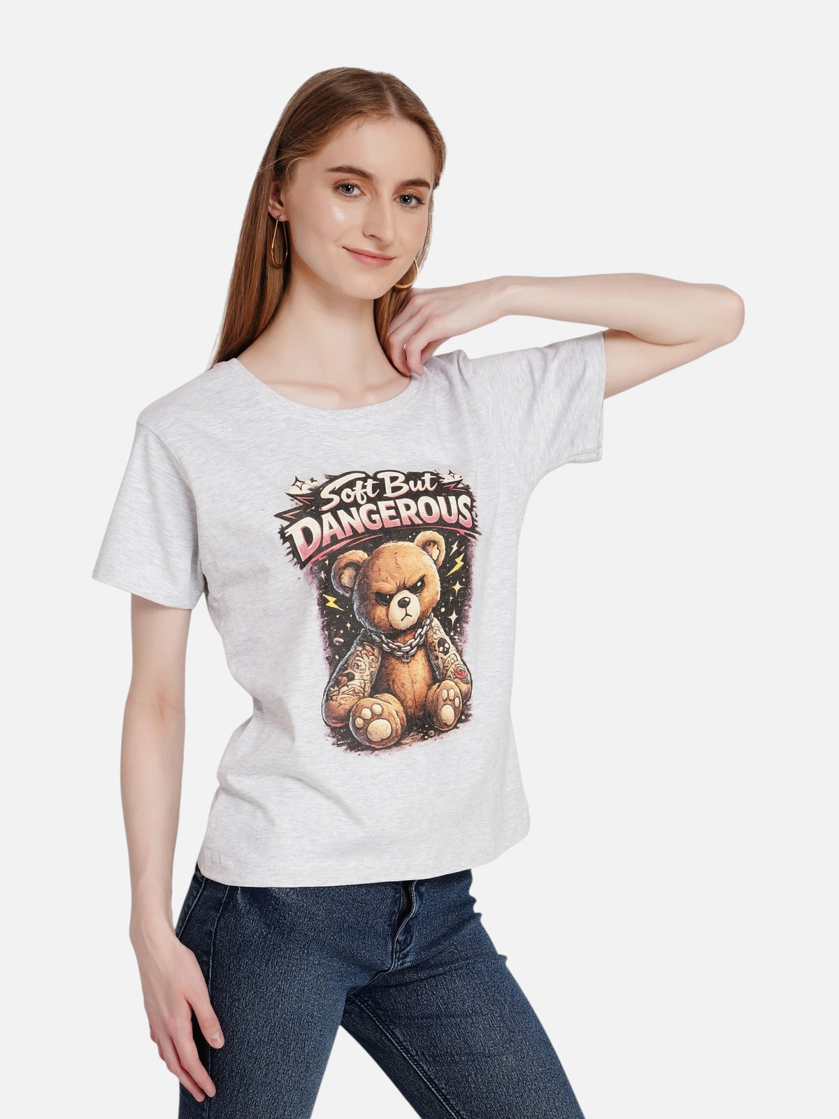 enaay.com grey melange cotton t-shirt featuring a grumpy tattooed teddy bear graphic with Soft But DANGEROUS text
