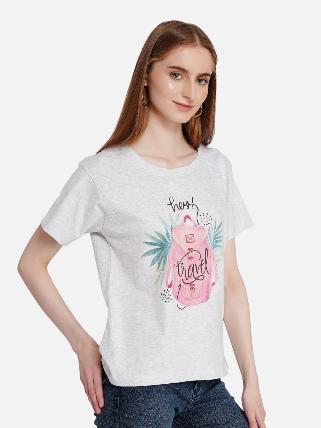 enaay.com women's light grey melange cotton t-shirt with Hey! Travel pink backpack graphic print