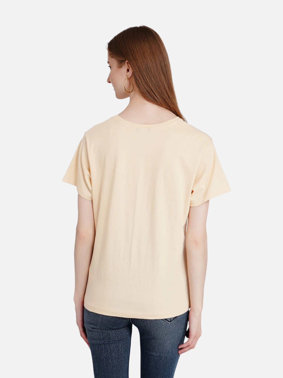 enaay.com women's light beige regular fit cotton t-shirt, back view showing short sleeves and round neck