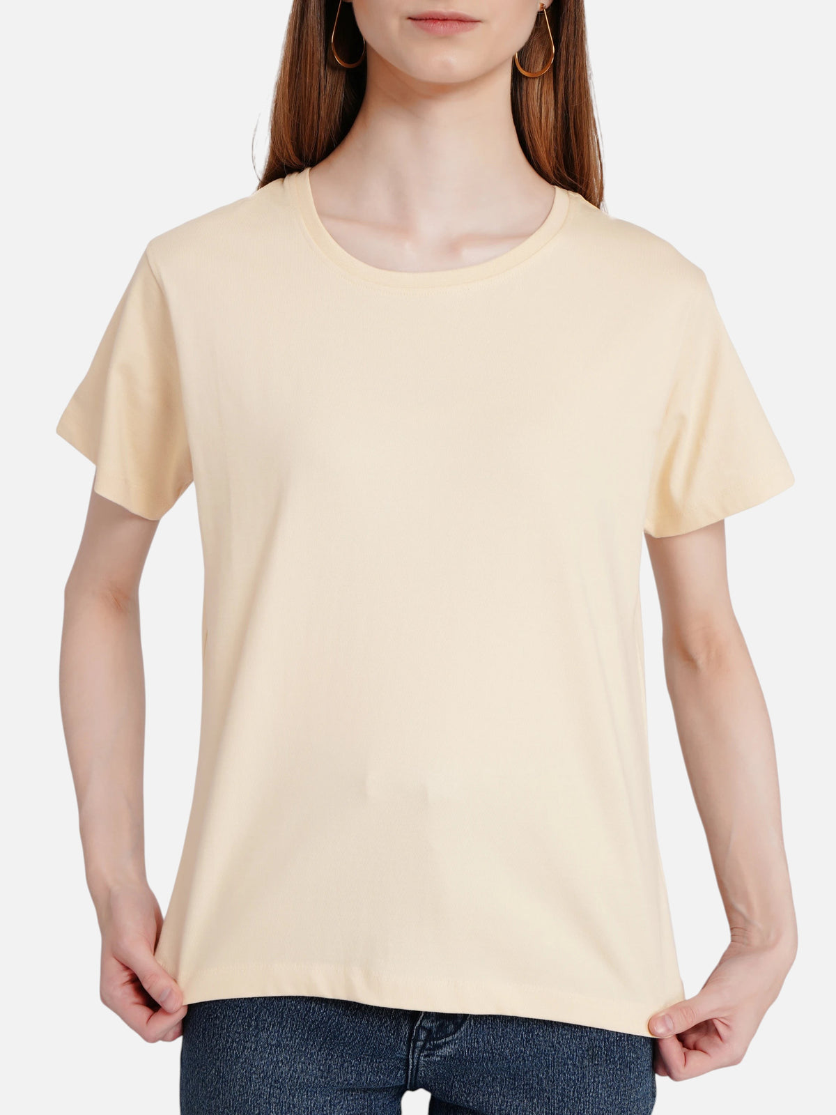 enaay.com women's light beige regular fit cotton t-shirt with short sleeves and a round neck
