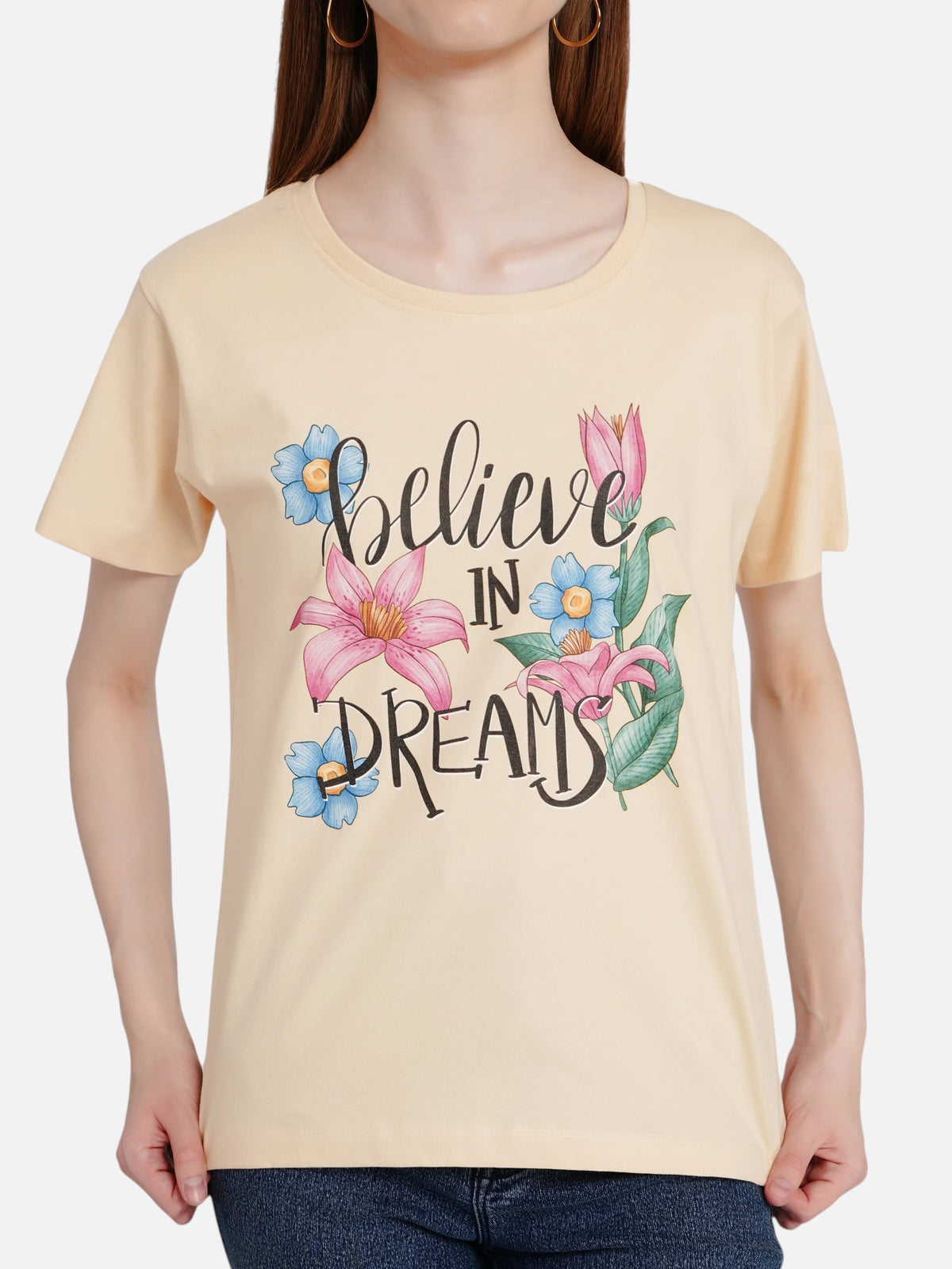 enaay.com light beige cotton t-shirt featuring a Believe In Dreams floral graphic print and round neck design