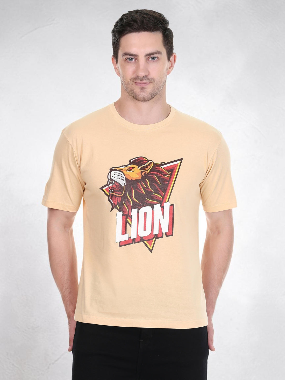 Model wearing an enaay.com light beige premium cotton t-shirt with a roaring lion graphic print and triangular frame.