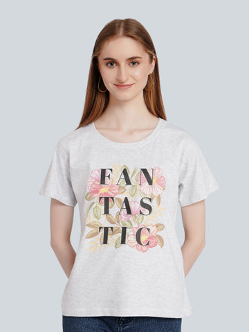 enaay.com light grey melange cotton t-shirt with FANTASTIC floral typography graphic worn by a smiling woman
