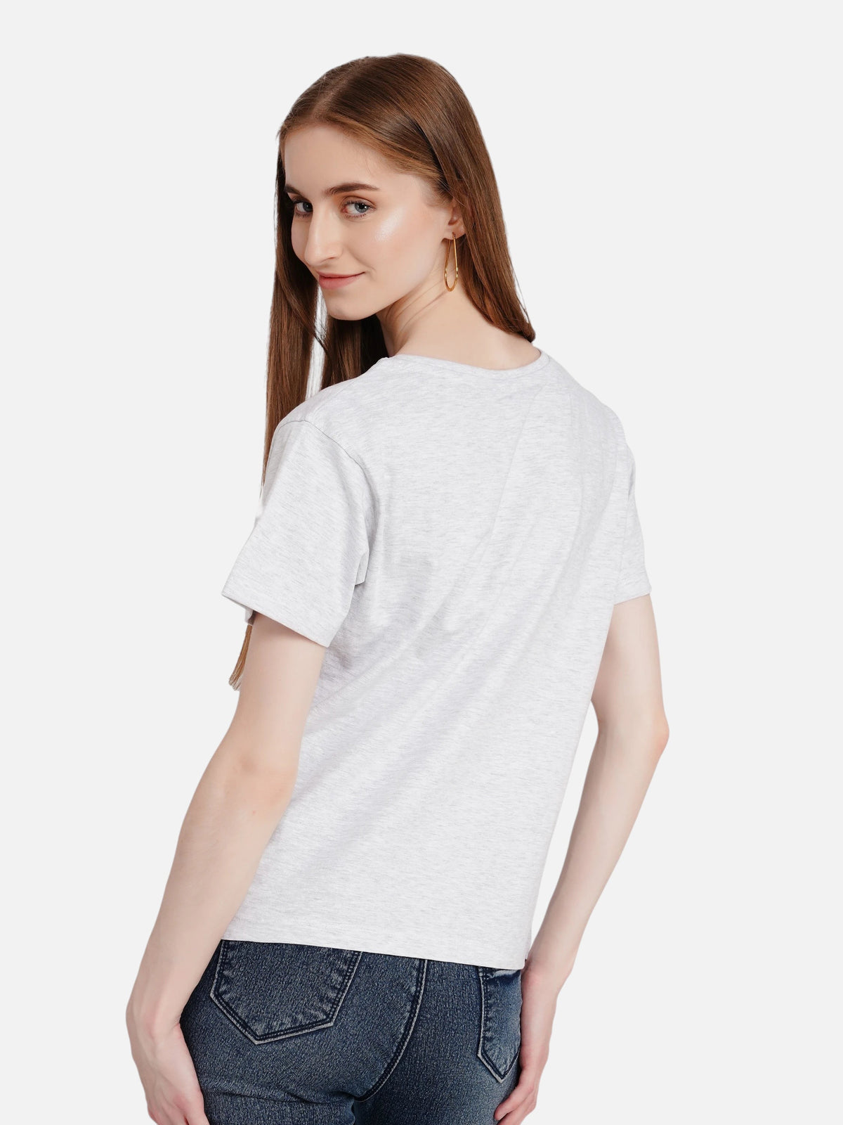 enaay.com women's light grey melange cotton t-shirt worn by a model, back view showing regular fit and round neck