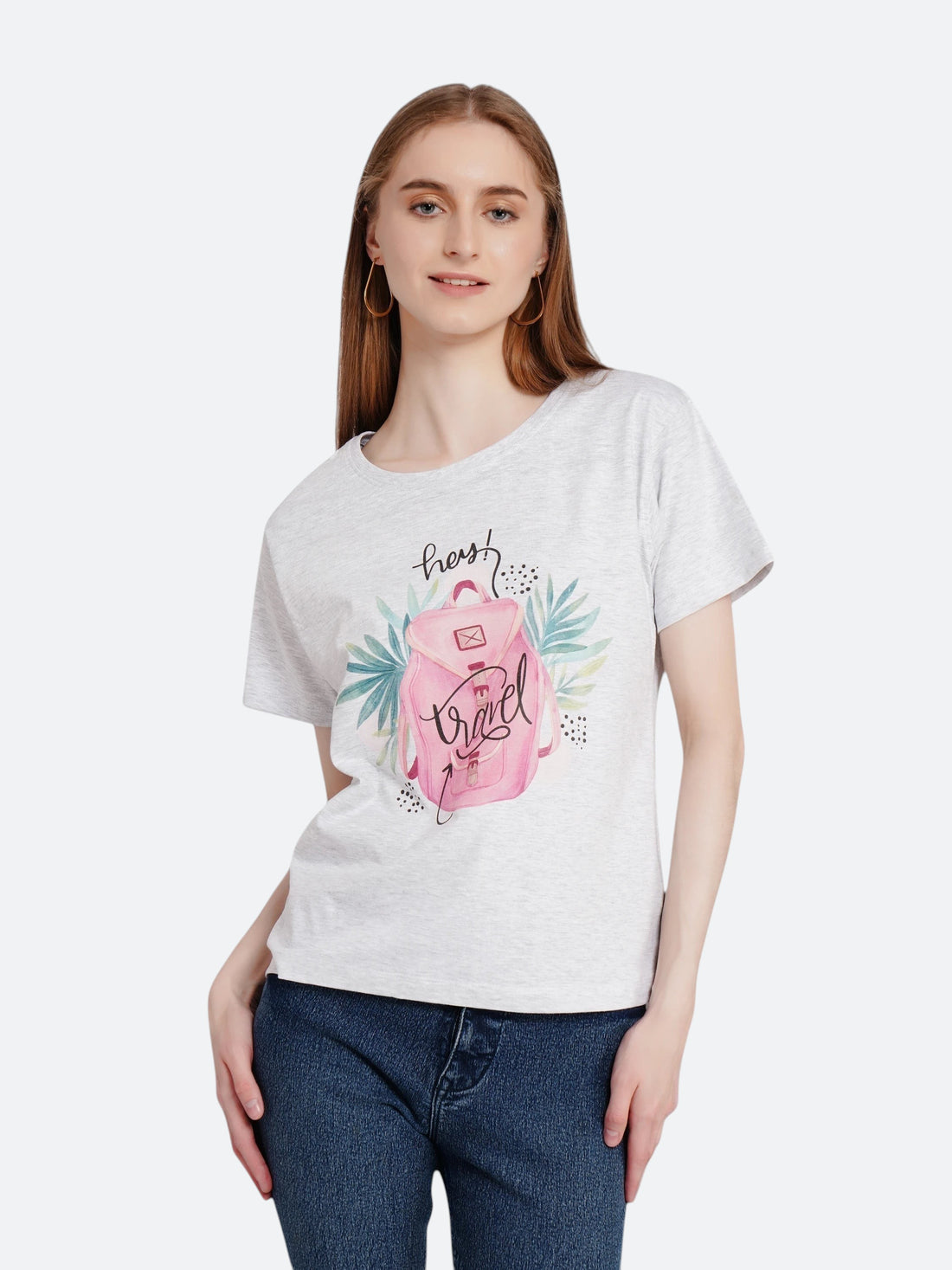 enaay.com women's light grey melange cotton t-shirt with Hey! Travel pink backpack graphic print