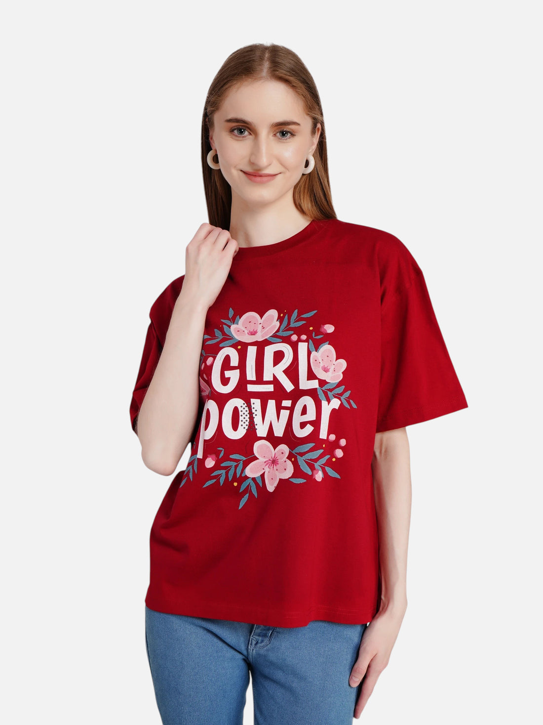 Woman wearing an enaay.com maroon oversized cotton t-shirt with a Girl Power floral graphic print