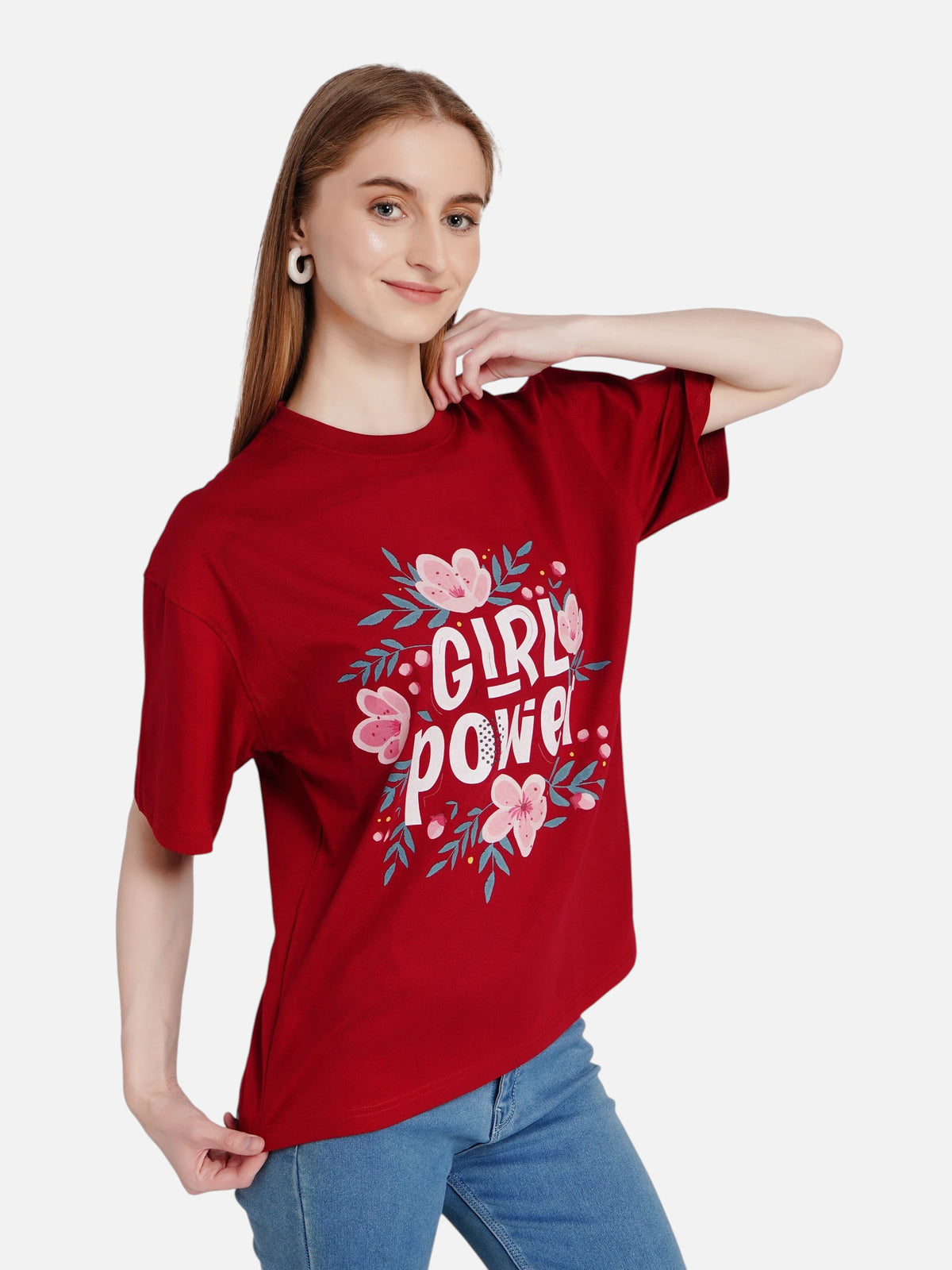 enaay.com maroon oversized cotton t-shirt with Girl Power floral graphic print worn by a woman with blue jeans