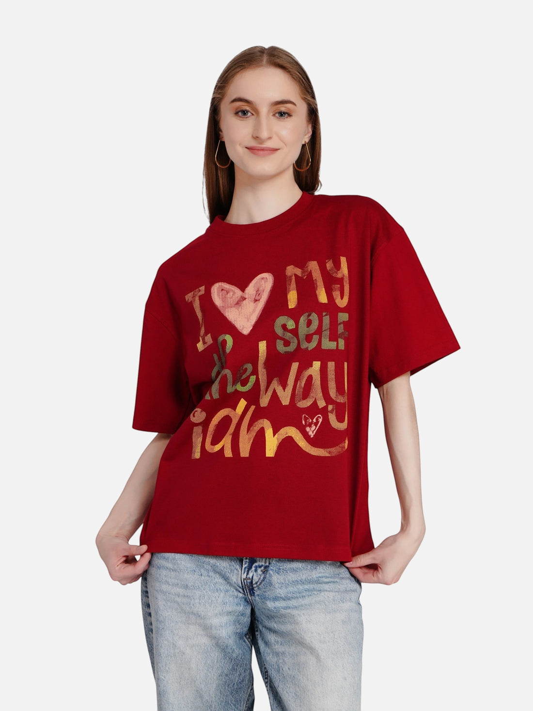 enaay.com maroon relaxed fit cotton t-shirt with I Love Myself The Way I Am graphic print worn by a woman