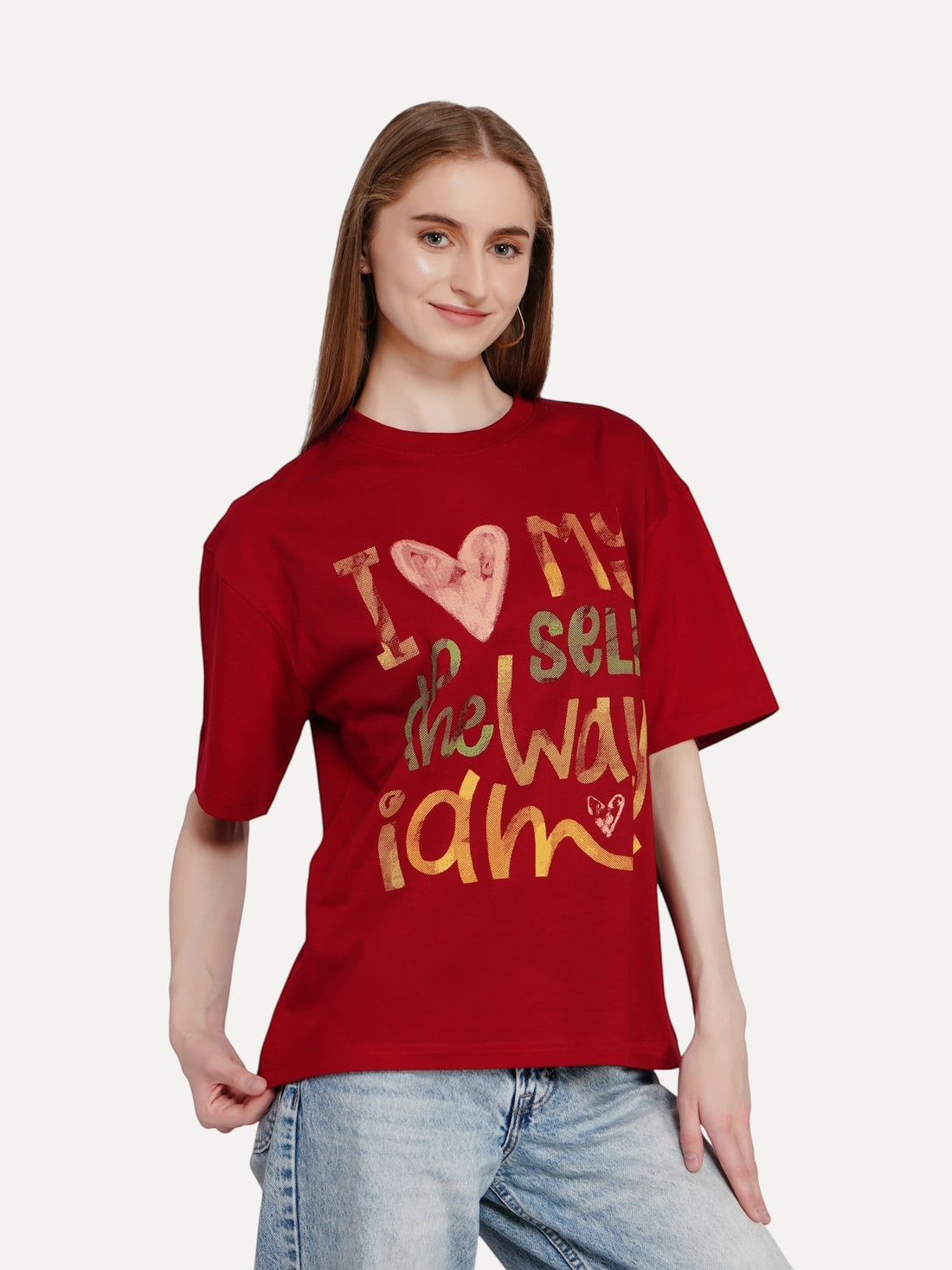 enaay.com maroon relaxed fit cotton t-shirt with I Love Myself The Way I Am graphic print worn by a woman