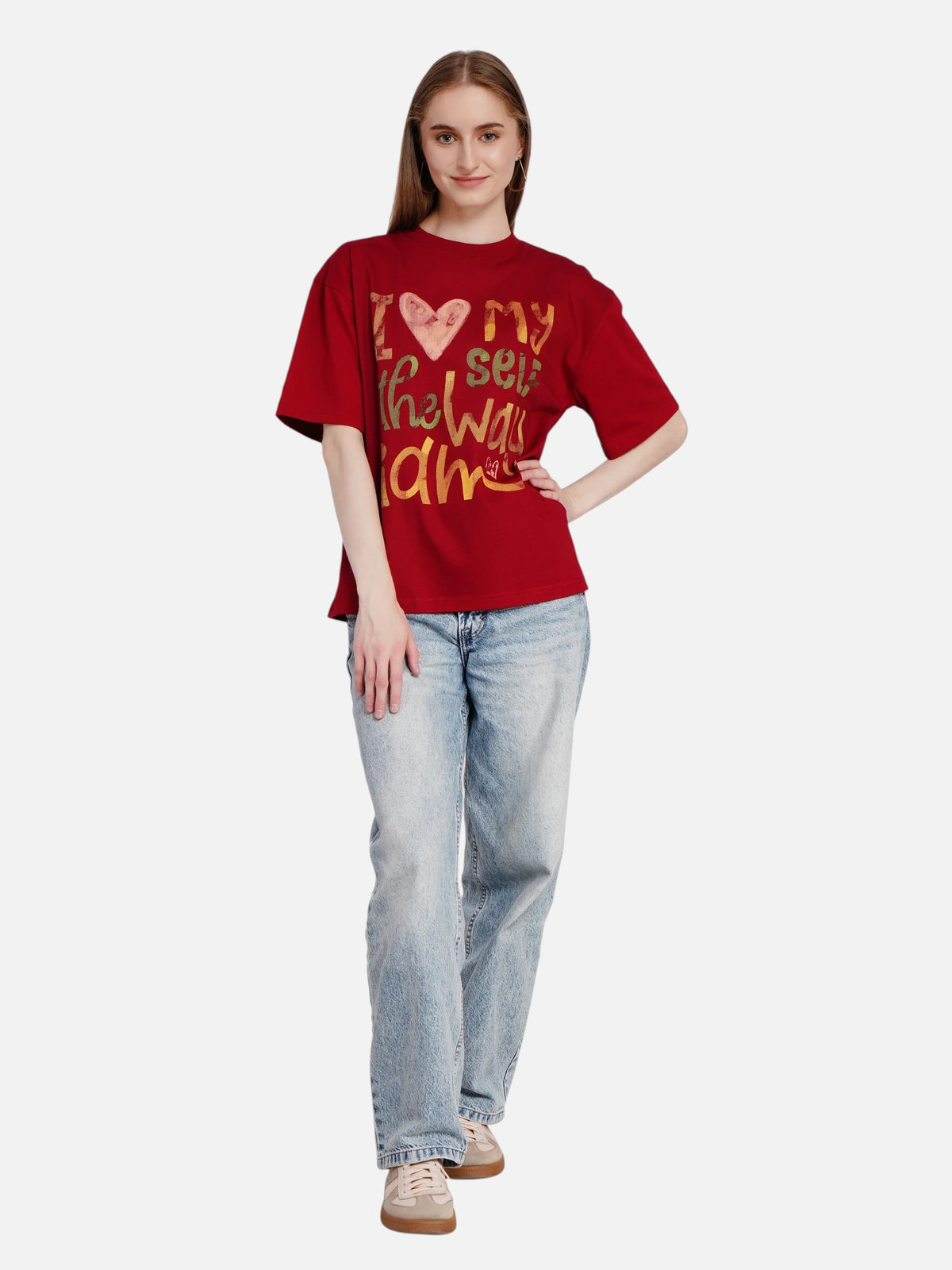 Model wearing an enaay.com maroon relaxed fit cotton t-shirt with I Love Myself The Way I Am graphic print