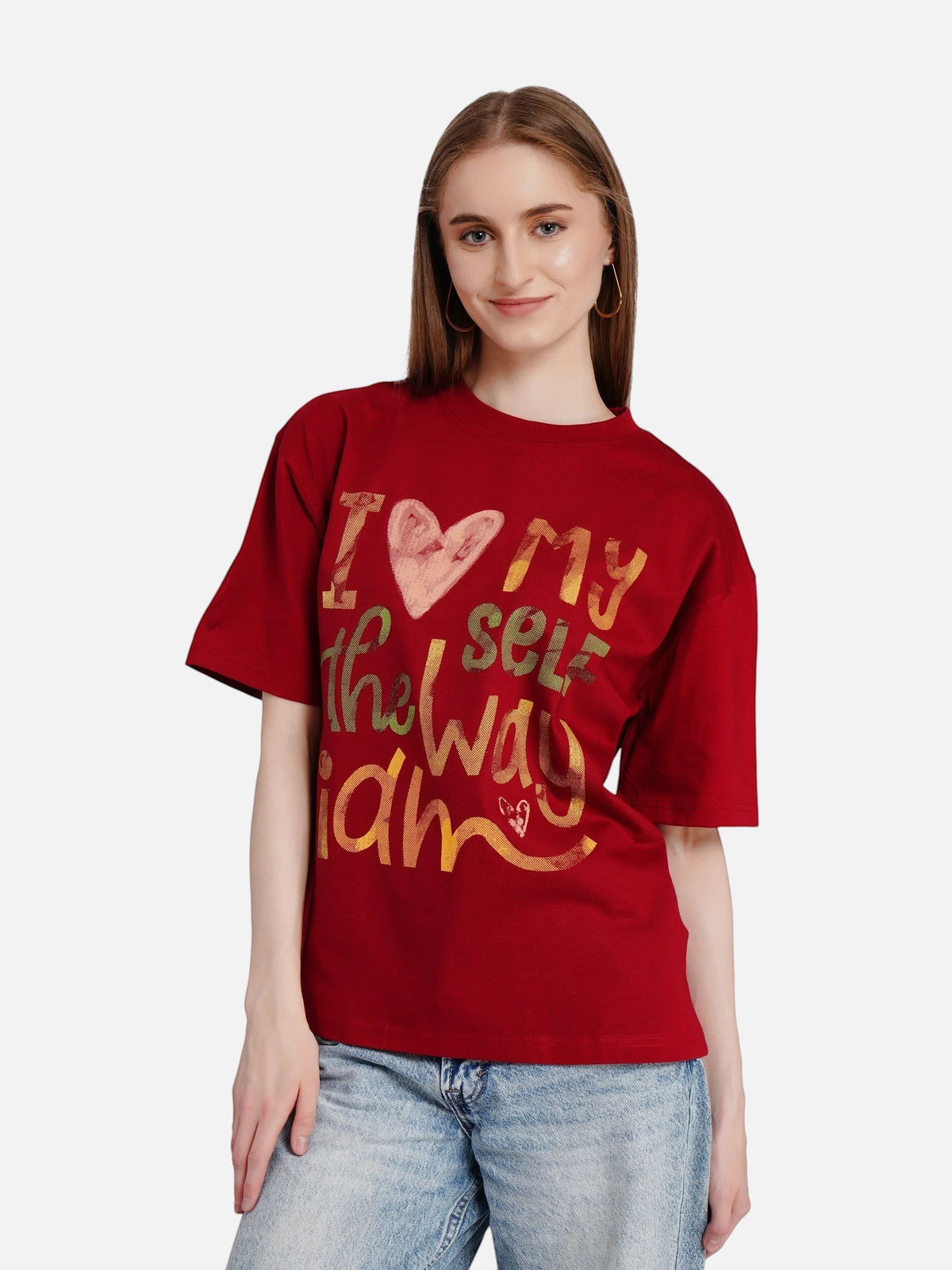 Woman wearing an enaay.com maroon relaxed fit cotton t-shirt with I Love Myself The Way I Am graphic print