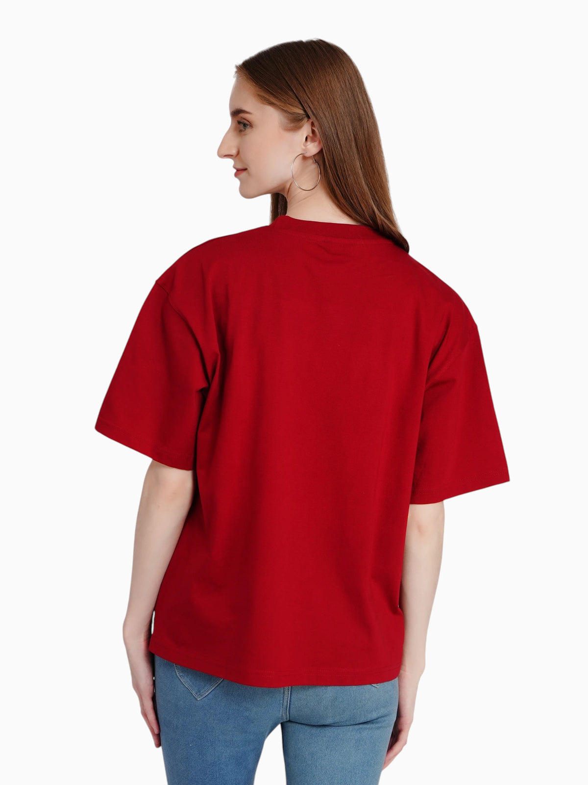 enaay.com maroon oversized cotton t-shirt worn by a woman, back view showing relaxed fit and short sleeves