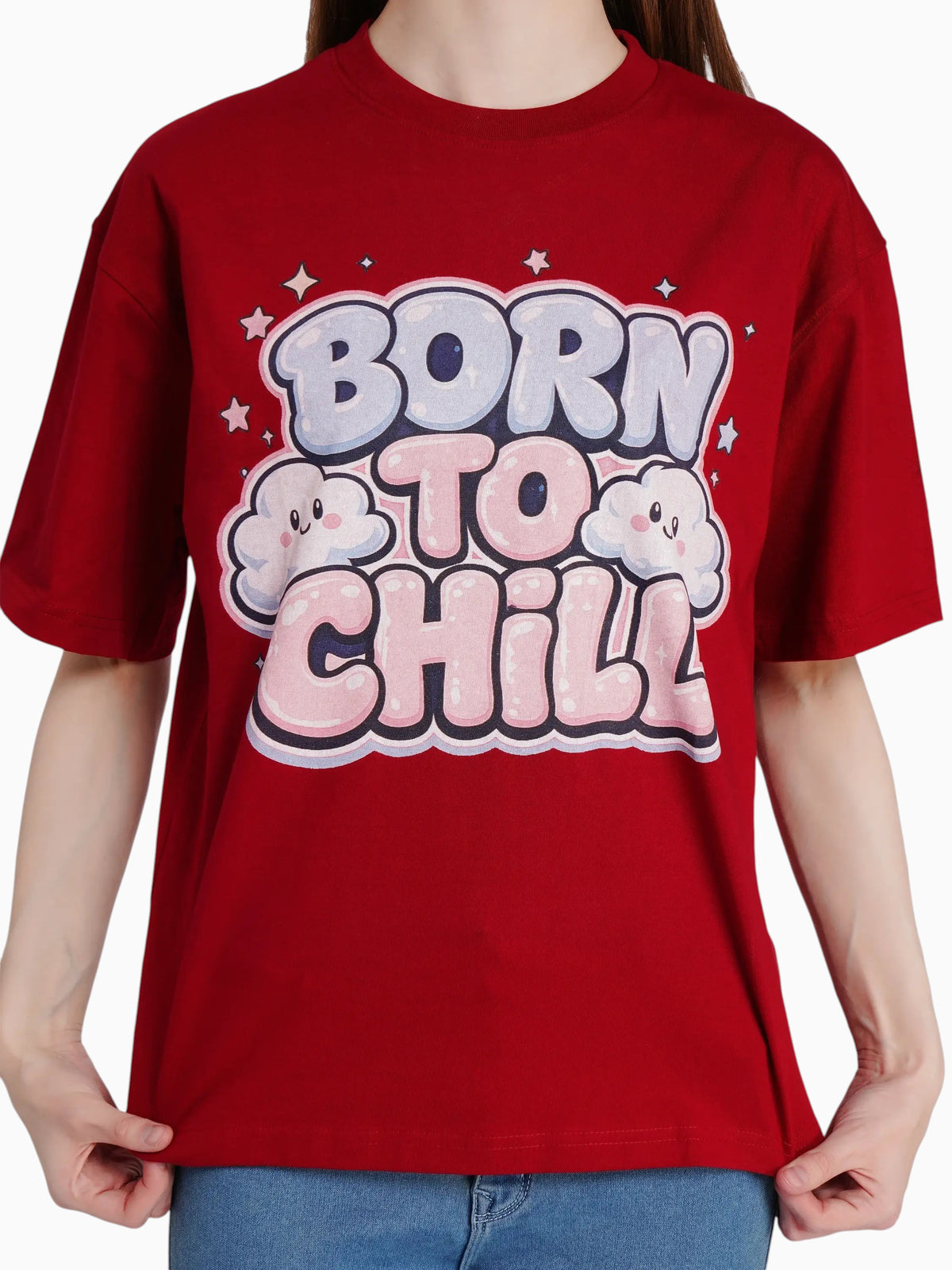 enaay.com maroon oversized cotton t-shirt with Born To Chill bubble letter graphic and cute cloud characters