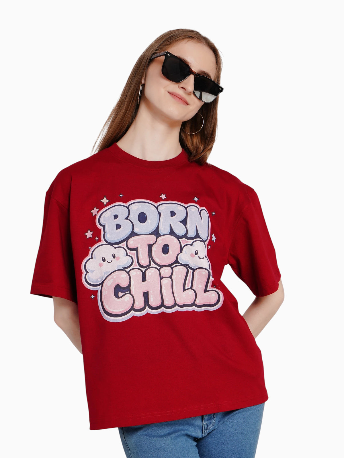 enaay.com maroon oversized cotton t-shirt with Born To Chill bubble letter graphic and cute cloud characters